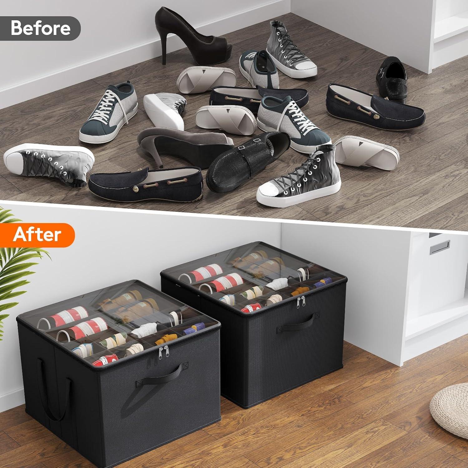 imageLifewit Shoe Storage Organizer for Closet Fits 1216 Pairs Fabric Large Shoe Box Storage Containers with Clear Cover Foldable Bins Fit for Boots Heels Sneakers 17quotL x 17quotW x 125quotH 2 Pack GrayBlack