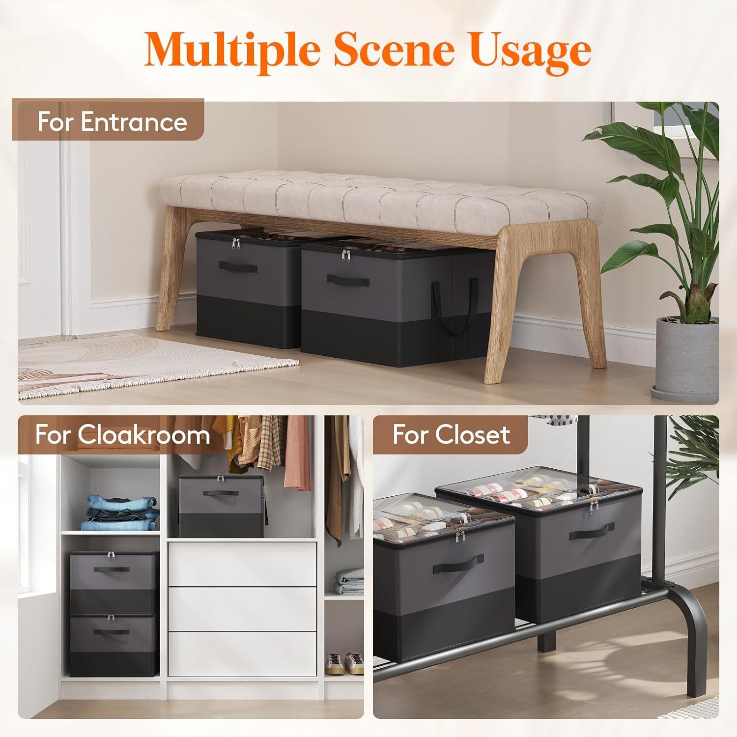 imageLifewit Shoe Storage Organizer for Closet Fits 1216 Pairs Fabric Large Shoe Box Storage Containers with Clear Cover Foldable Bins Fit for Boots Heels Sneakers 17quotL x 17quotW x 125quotH 2 Pack GrayGray and Black