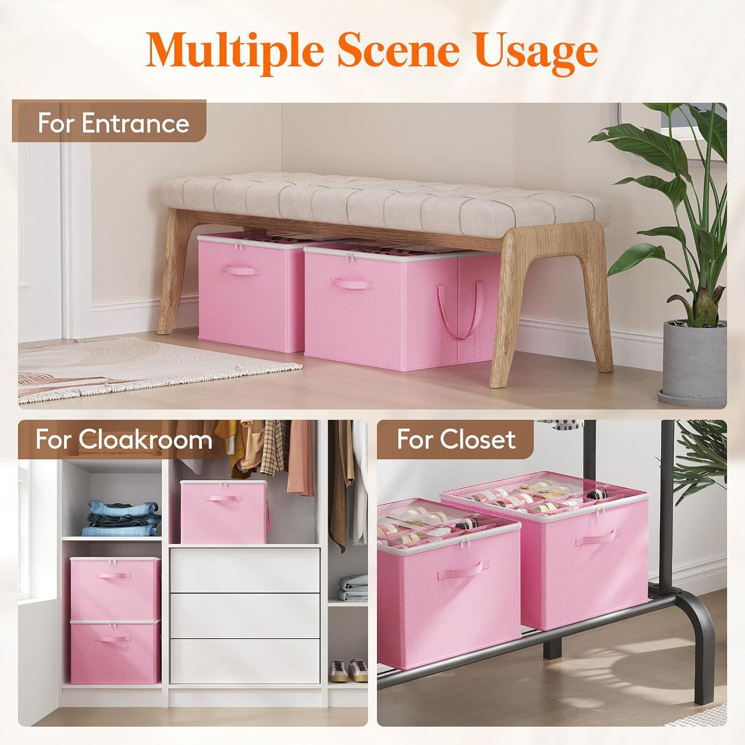 imageLifewit Shoe Storage Organizer for Closet Fits 1216 Pairs Fabric Large Shoe Box Storage Containers with Clear Cover Foldable Bins Fit for Boots Heels Sneakers 17quotL x 17quotW x 125quotH 2 Pack GrayPink