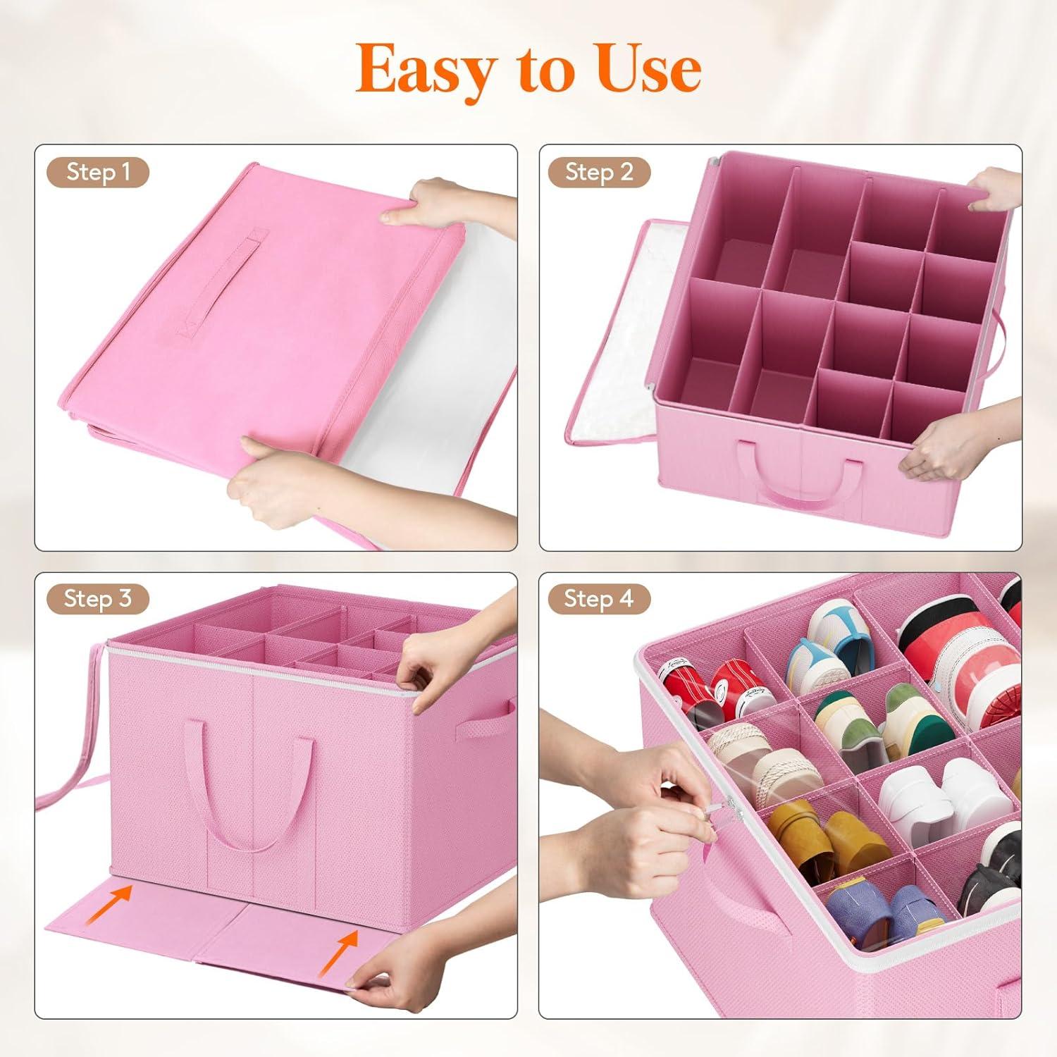 imageLifewit Shoe Storage Organizer for Closet Fits 1216 Pairs Fabric Large Shoe Box Storage Containers with Clear Cover Foldable Bins Fit for Boots Heels Sneakers 17quotL x 17quotW x 125quotH 2 Pack GrayPink