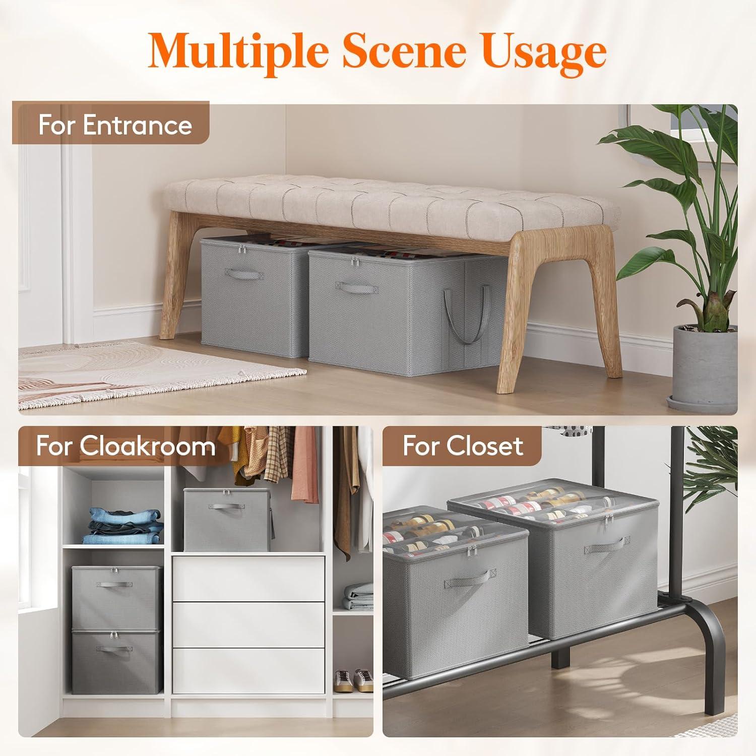 imageLifewit Shoe Storage Organizer for Closet Fits 1216 Pairs Fabric Large Shoe Box Storage Containers with Clear Cover Foldable Bins Fit for Boots Heels Sneakers 17quotL x 17quotW x 125quotH 2 Pack GrayLight Gray