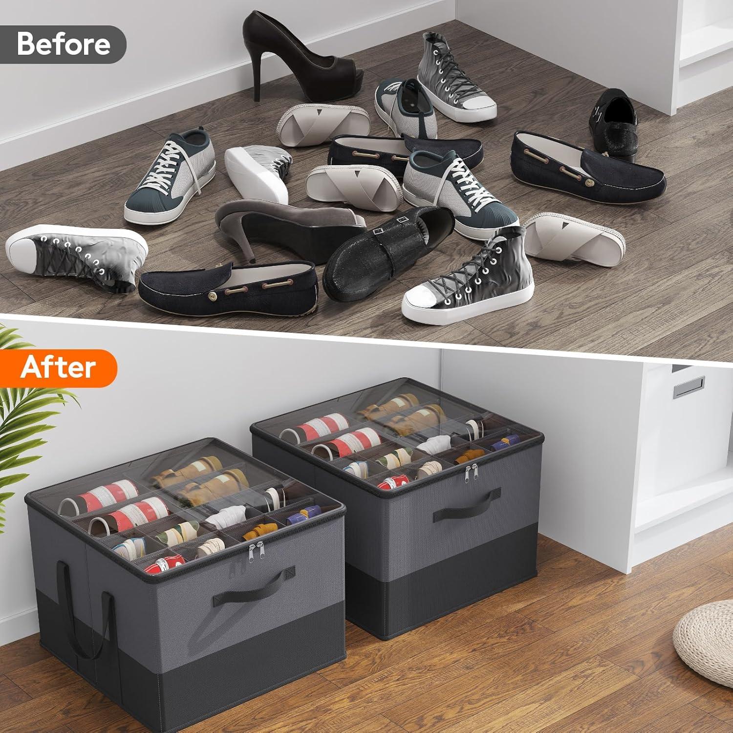 imageLifewit Shoe Storage Organizer for Closet Fits 1216 Pairs Fabric Large Shoe Box Storage Containers with Clear Cover Foldable Bins Fit for Boots Heels Sneakers 17quotL x 17quotW x 125quotH 2 Pack GrayGray and Black