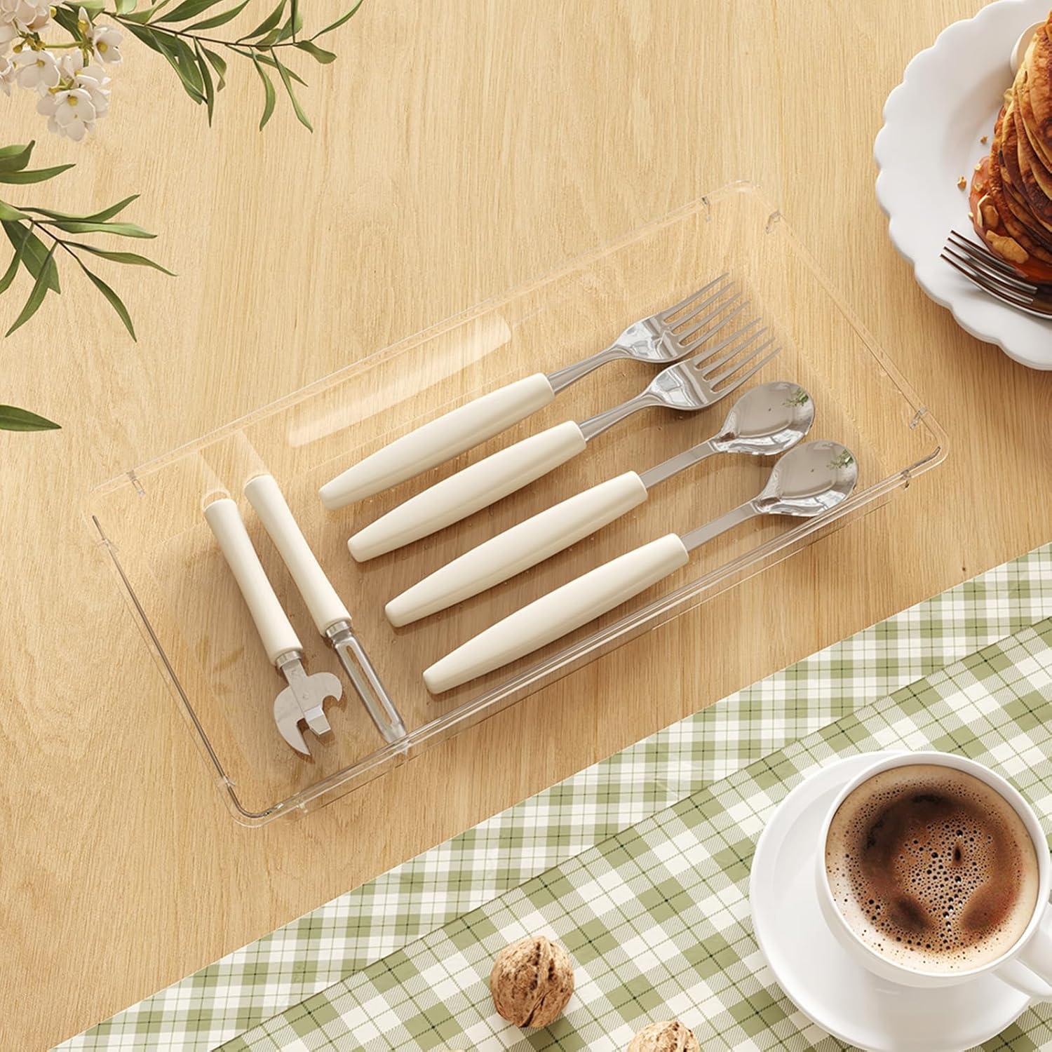 imageLifewit Silverware Drawer Organizer 575quot x 1165quot Clear Utensil Tray for Kitchen Drawer Stackable Plastic Flatware and Cutlery Storage Box Divider for Spoons Forks Knives Tools 2 Pack3