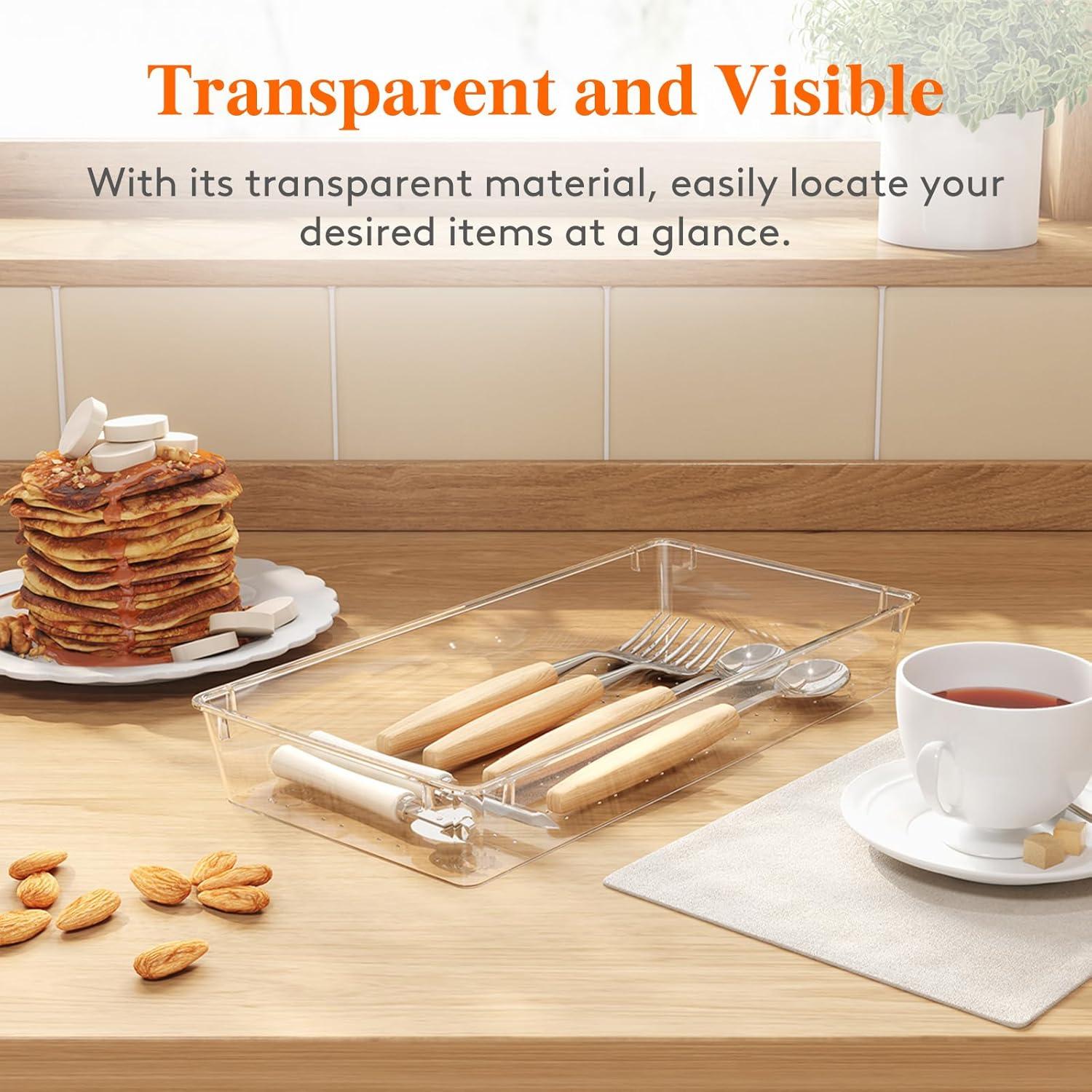 imageLifewit Silverware Drawer Organizer 575quot x 1165quot Clear Utensil Tray for Kitchen Drawer Stackable Plastic Flatware and Cutlery Storage Box Divider for Spoons Forks Knives Tools 2 Pack3