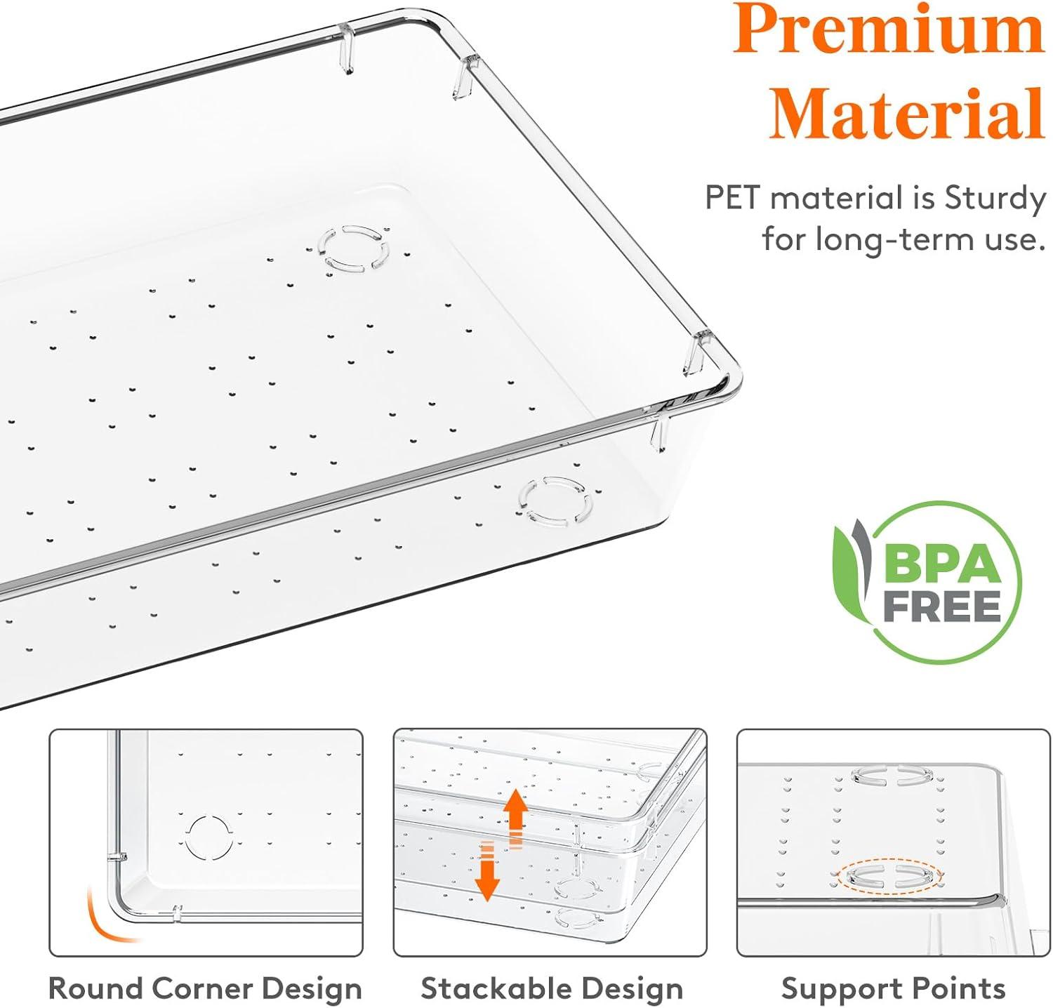 imageLifewit Silverware Drawer Organizer 575quot x 1165quot Clear Utensil Tray for Kitchen Drawer Stackable Plastic Flatware and Cutlery Storage Box Divider for Spoons Forks Knives Tools 2 Pack3