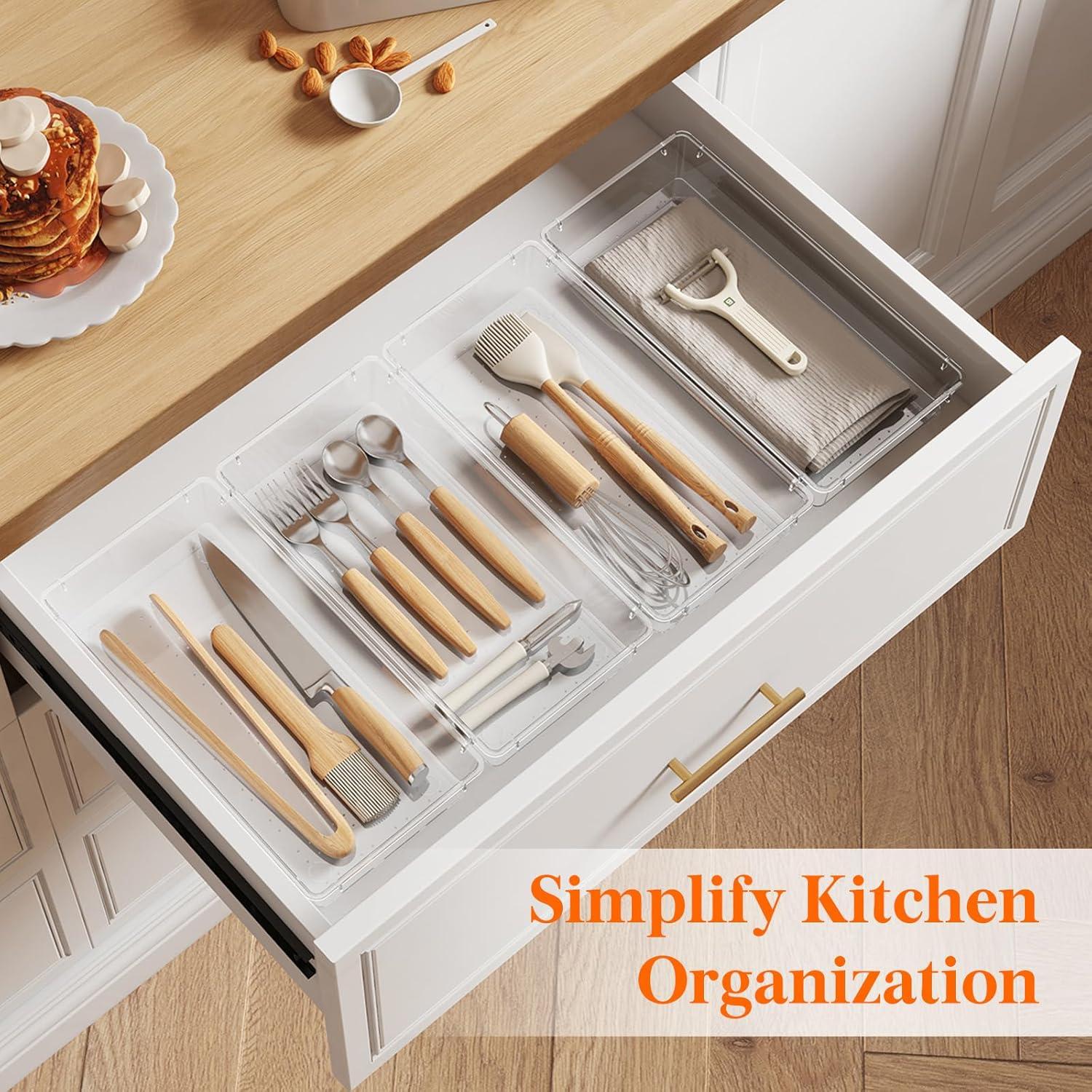 imageLifewit Silverware Drawer Organizer 575quot x 1165quot Clear Utensil Tray for Kitchen Drawer Stackable Plastic Flatware and Cutlery Storage Box Divider for Spoons Forks Knives Tools 2 Pack3