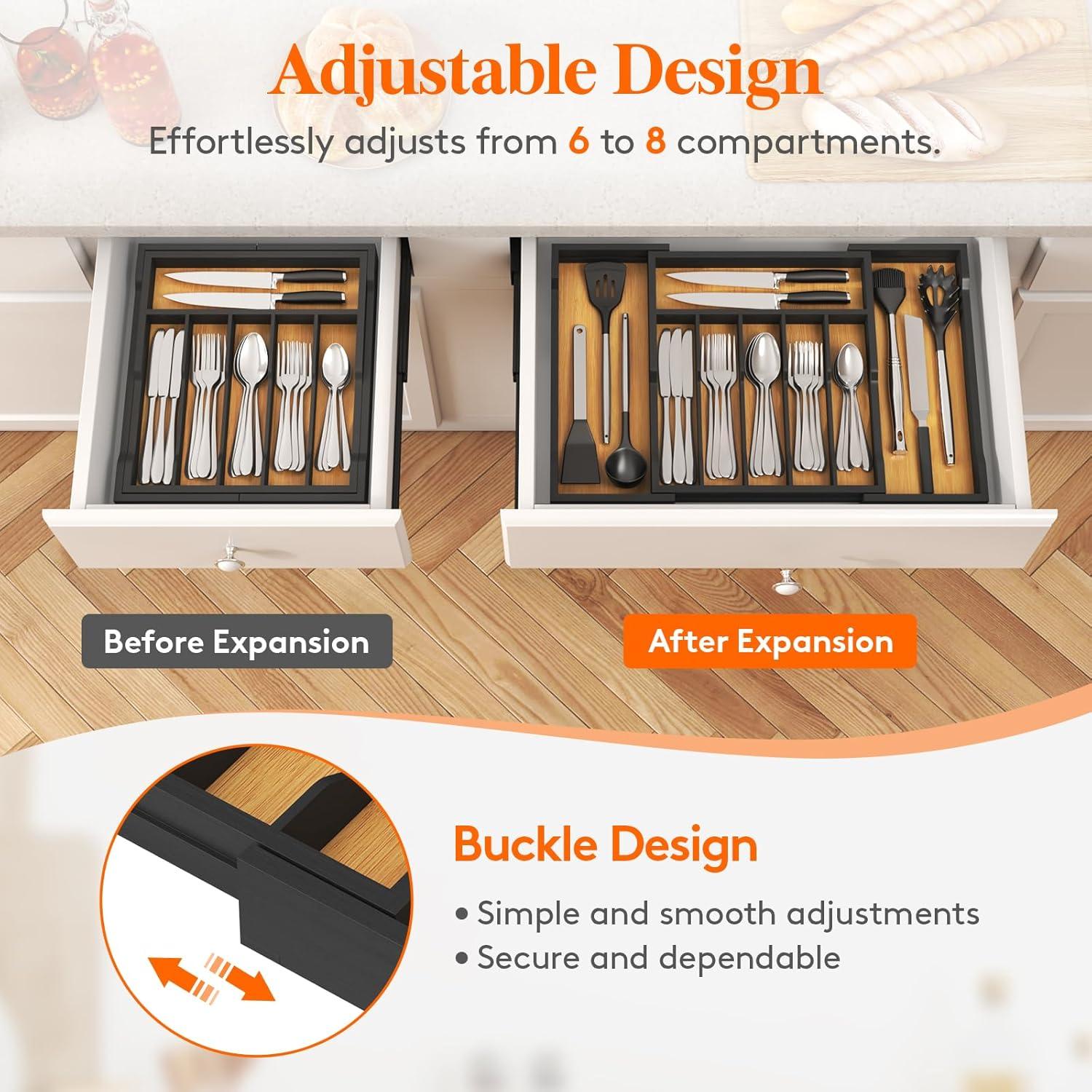 imageLifewit Silverware Drawer Organizer Tray Bamboo Cutlery Storage for Kitchen Drawer 6 Compartment Flatware and Utensil Holder Divider for Spoons Forks Knives Tableware NaturalNatural Black
