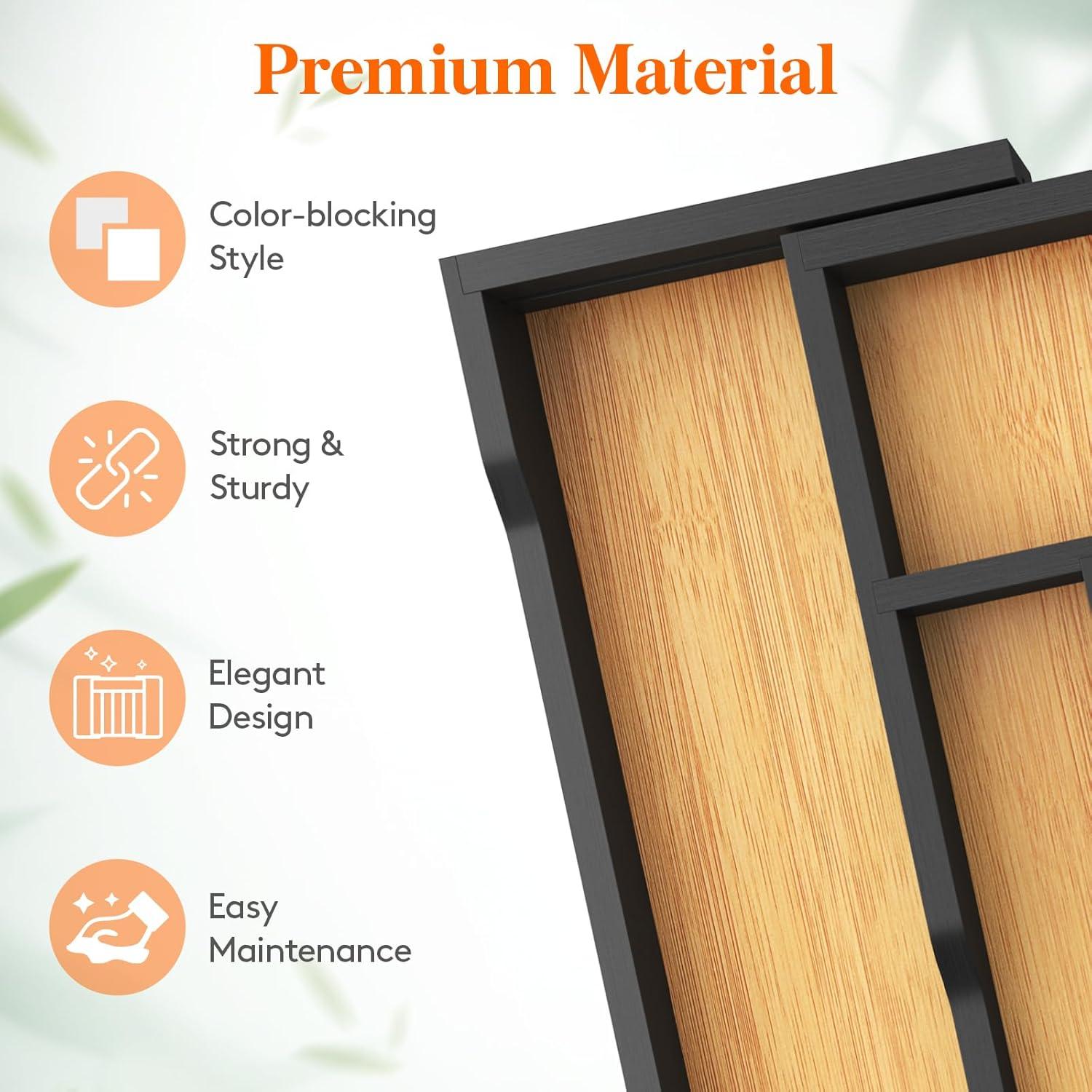 imageLifewit Silverware Drawer Organizer Tray Bamboo Cutlery Storage for Kitchen Drawer 6 Compartment Flatware and Utensil Holder Divider for Spoons Forks Knives Tableware NaturalNatural Black