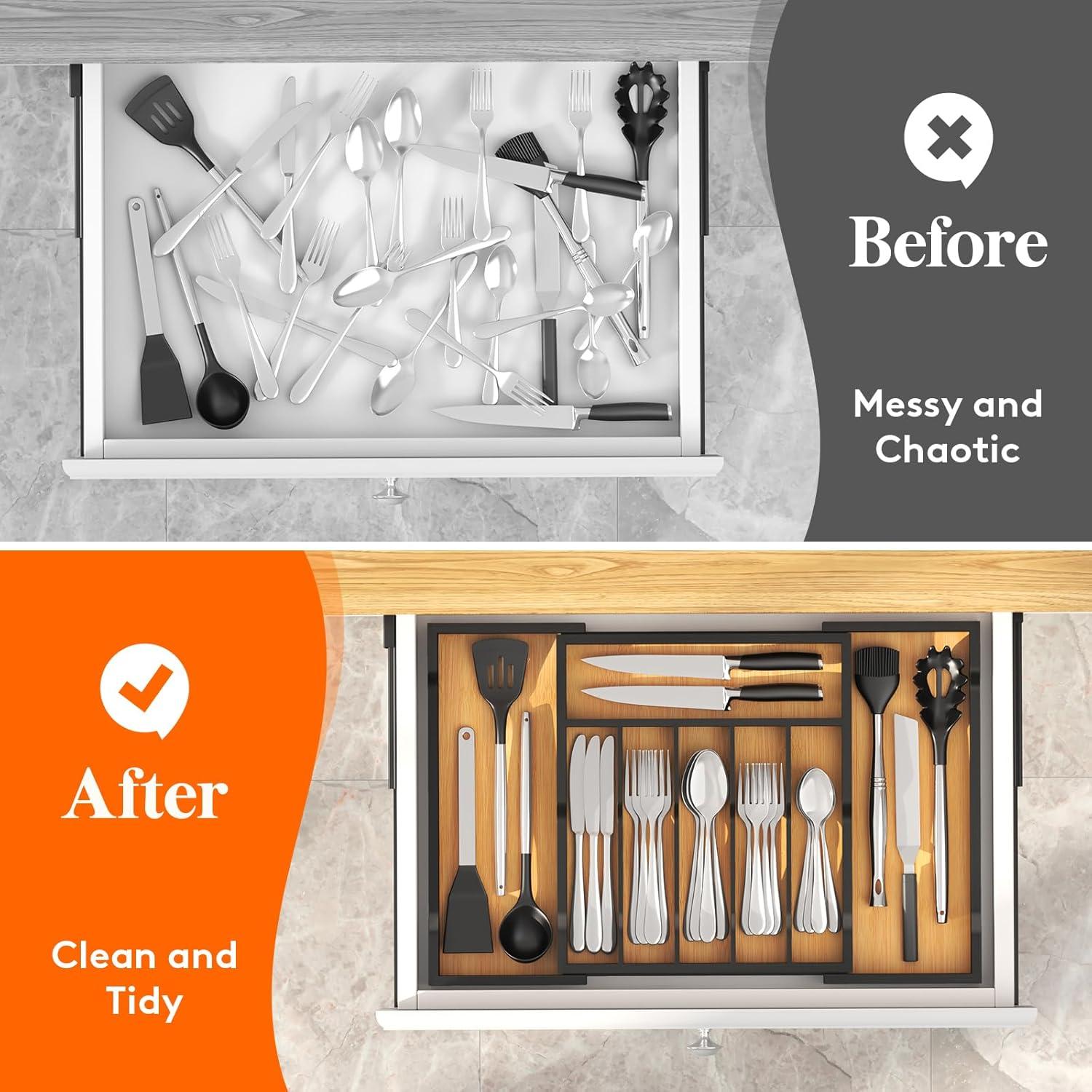 imageLifewit Silverware Drawer Organizer Tray Bamboo Cutlery Storage for Kitchen Drawer 6 Compartment Flatware and Utensil Holder Divider for Spoons Forks Knives Tableware NaturalNatural Black