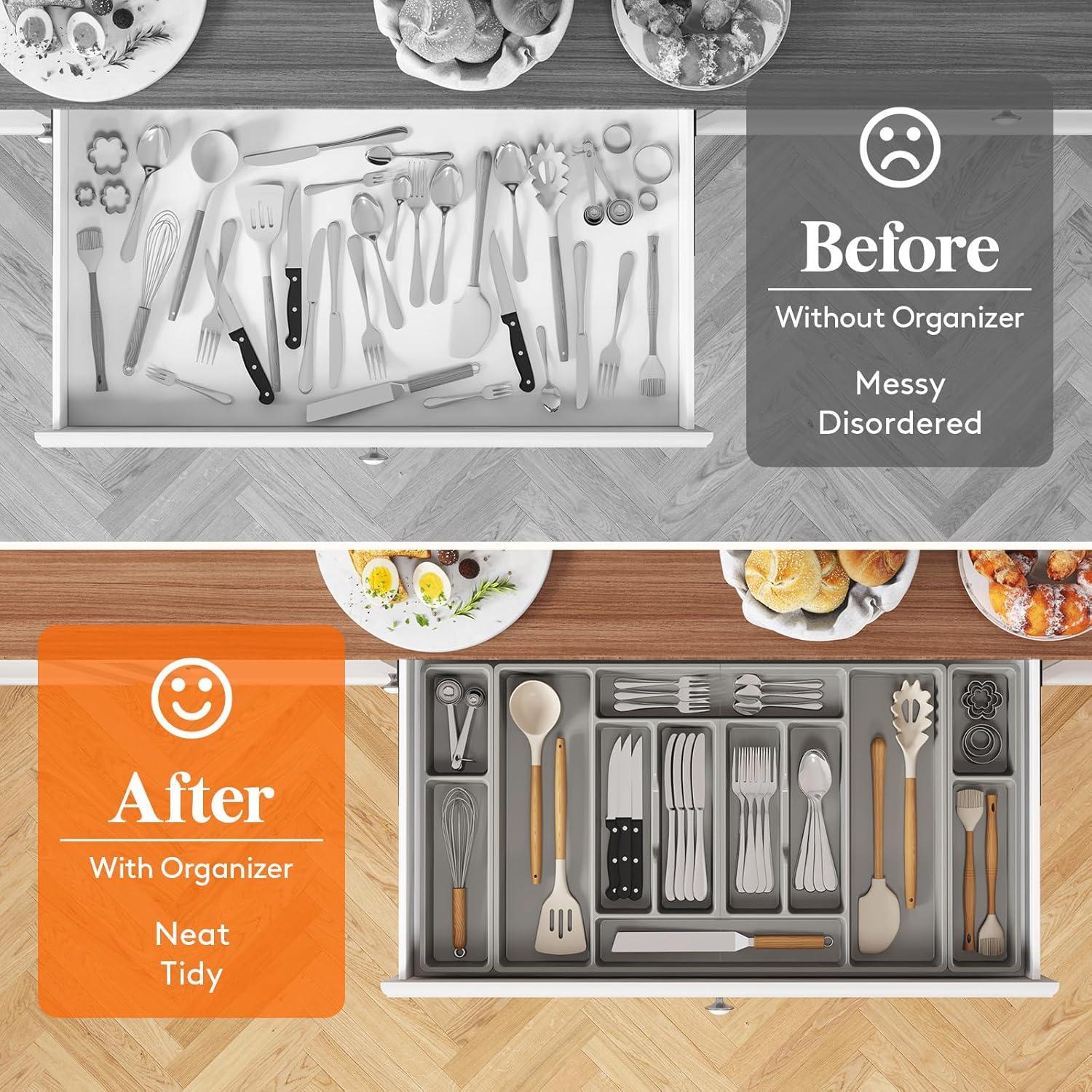 imageLifewit Silverware Organizer Plastic Kitchen Utensil Drawer Tray Cutlery Flatware Storage Holder for Spoons Forks Knives 20 x 16 Inches 8 Compartment Gray321 x 165 x 2 IN