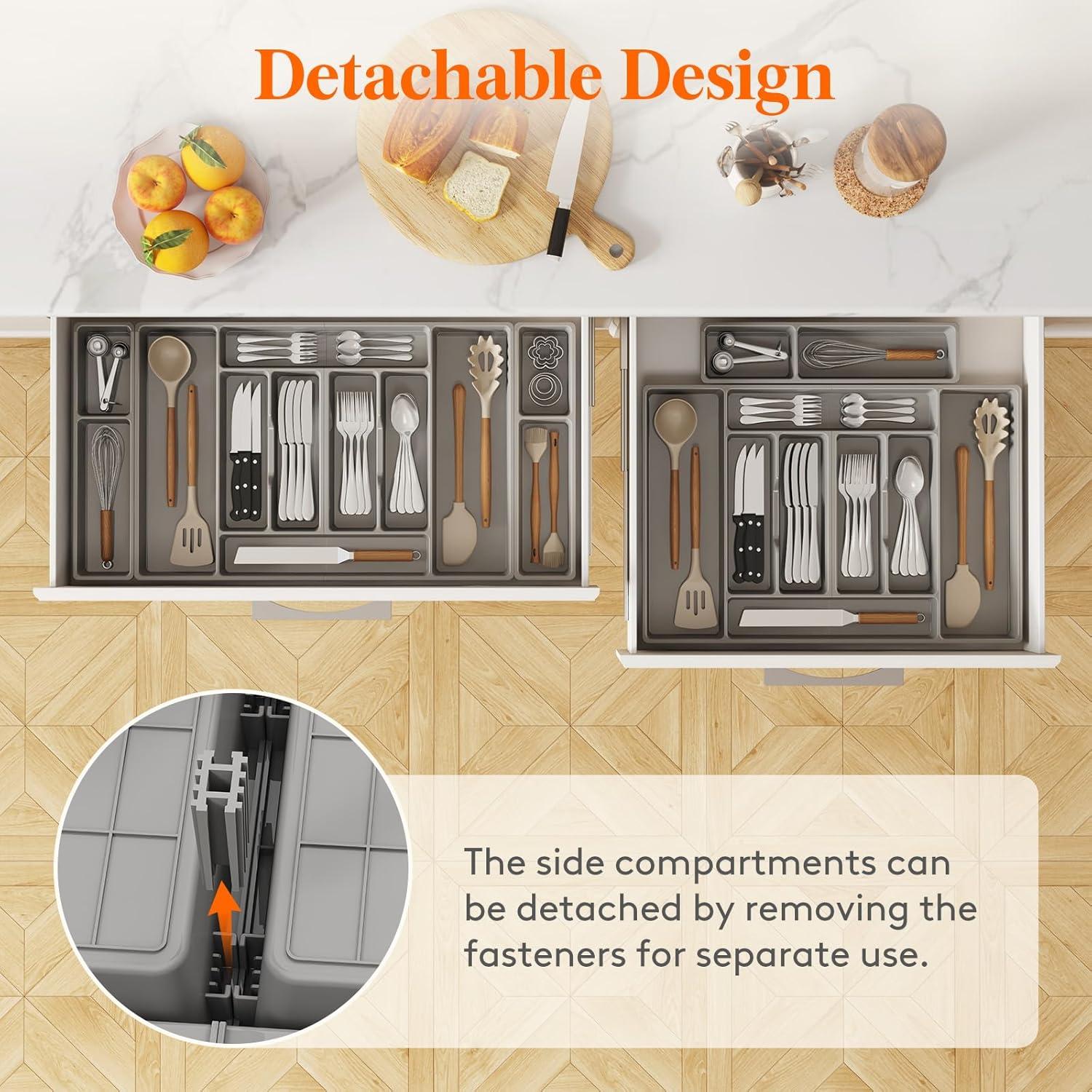 imageLifewit Silverware Organizer Plastic Kitchen Utensil Drawer Tray Cutlery Flatware Storage Holder for Spoons Forks Knives 20 x 16 Inches 8 Compartment Gray282 x 165 x 2 IN