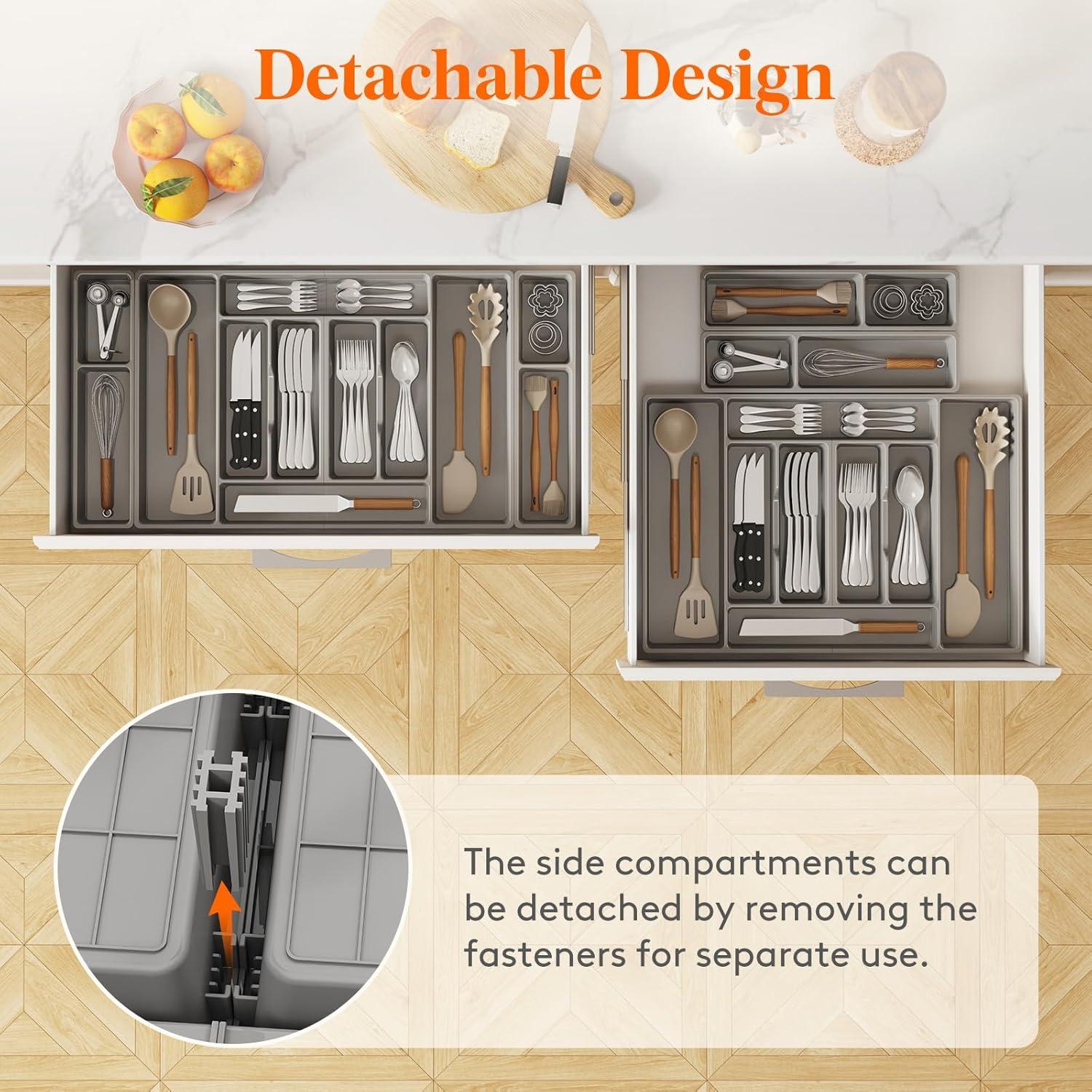 imageLifewit Silverware Organizer Plastic Kitchen Utensil Drawer Tray Cutlery Flatware Storage Holder for Spoons Forks Knives 20 x 16 Inches 8 Compartment Gray321 x 165 x 2 IN