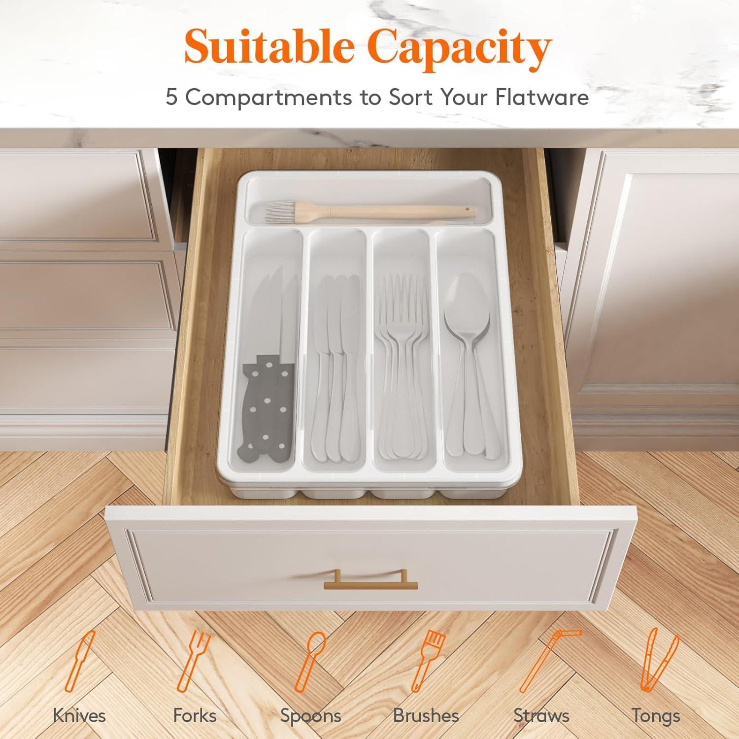imageLifewit Silverware Organizer with Lid Covered Utensil Tray for Kitchen Drawer and Countertop Plastic Cutlery and Flatware Storage Box for Spoons Forks Knives Holder Case 6 Compartments BlackWhite