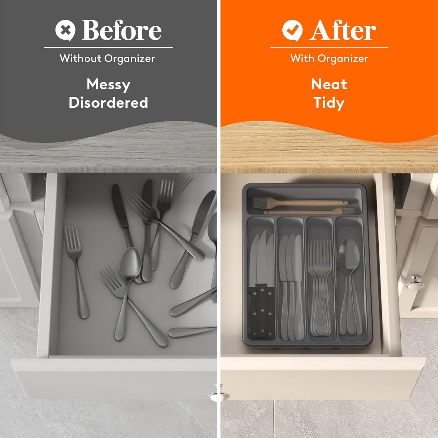 imageLifewit Silverware Organizer with Lid Covered Utensil Tray for Kitchen Drawer and Countertop Plastic Cutlery and Flatware Storage Box for Spoons Forks Knives Holder Case 6 Compartments BlackGray