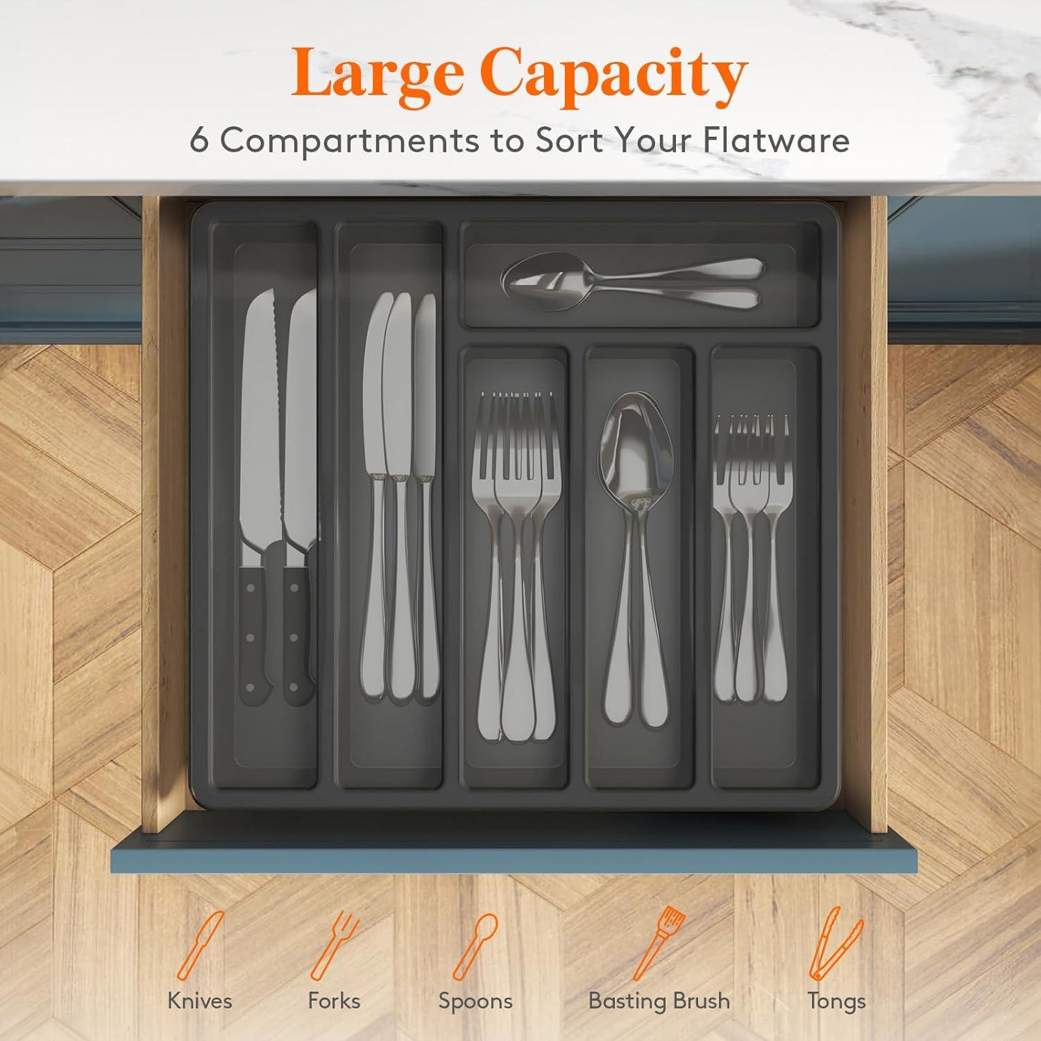 imageLifewit Silverware Organizer with Lid Covered Utensil Tray for Kitchen Drawer and Countertop Plastic Cutlery and Flatware Storage Box for Spoons Forks Knives Holder Case 6 Compartments BlackBlack