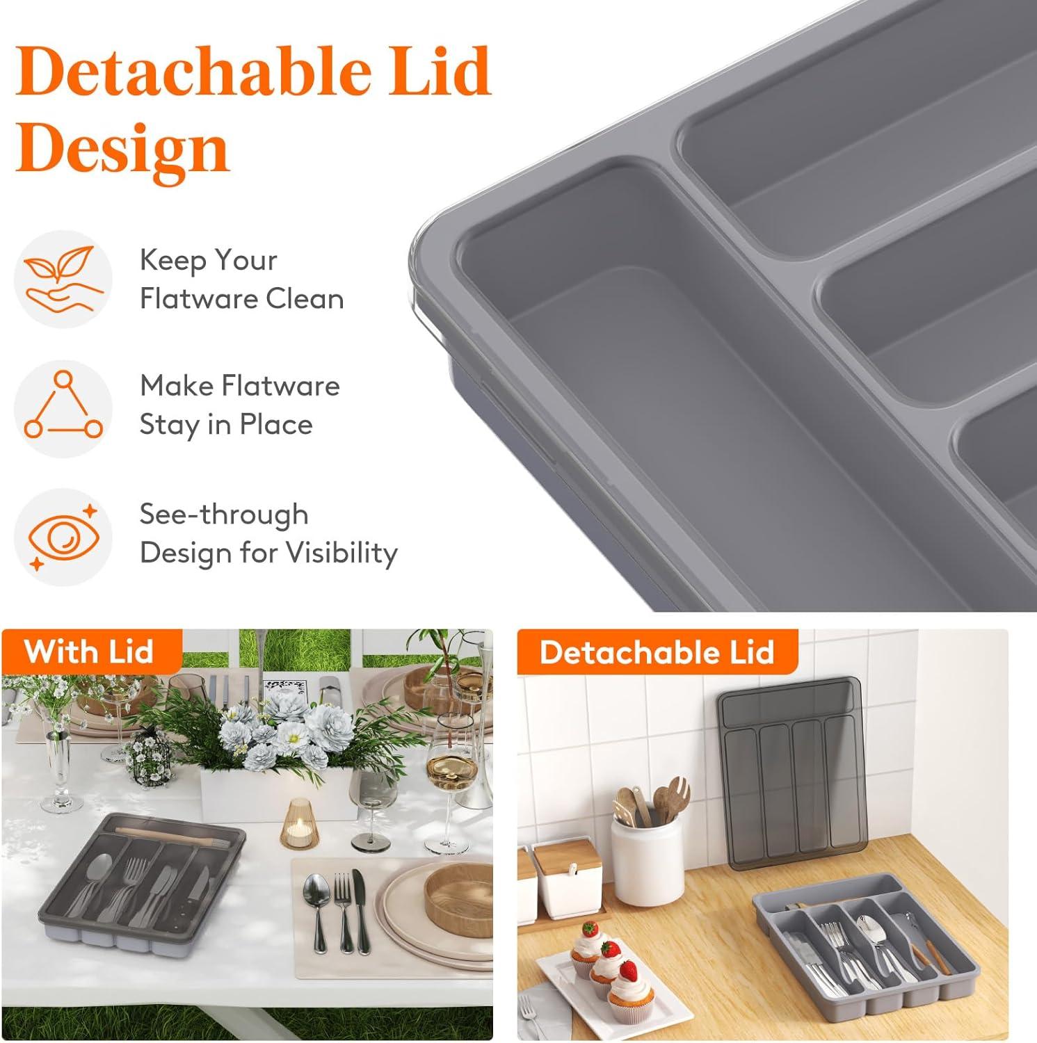 imageLifewit Silverware Organizer with Lid Covered Utensil Tray for Kitchen Drawer and Countertop Plastic Cutlery and Flatware Storage Box for Spoons Forks Knives Holder Case 6 Compartments BlackGray