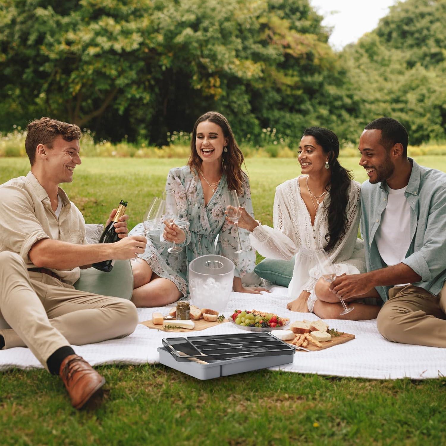 imageLifewit Silverware Organizer with Lid Covered Utensil Tray for Kitchen Drawer and Countertop Plastic Cutlery and Flatware Storage Box for Spoons Forks Knives Holder Case 6 Compartments BlackGray