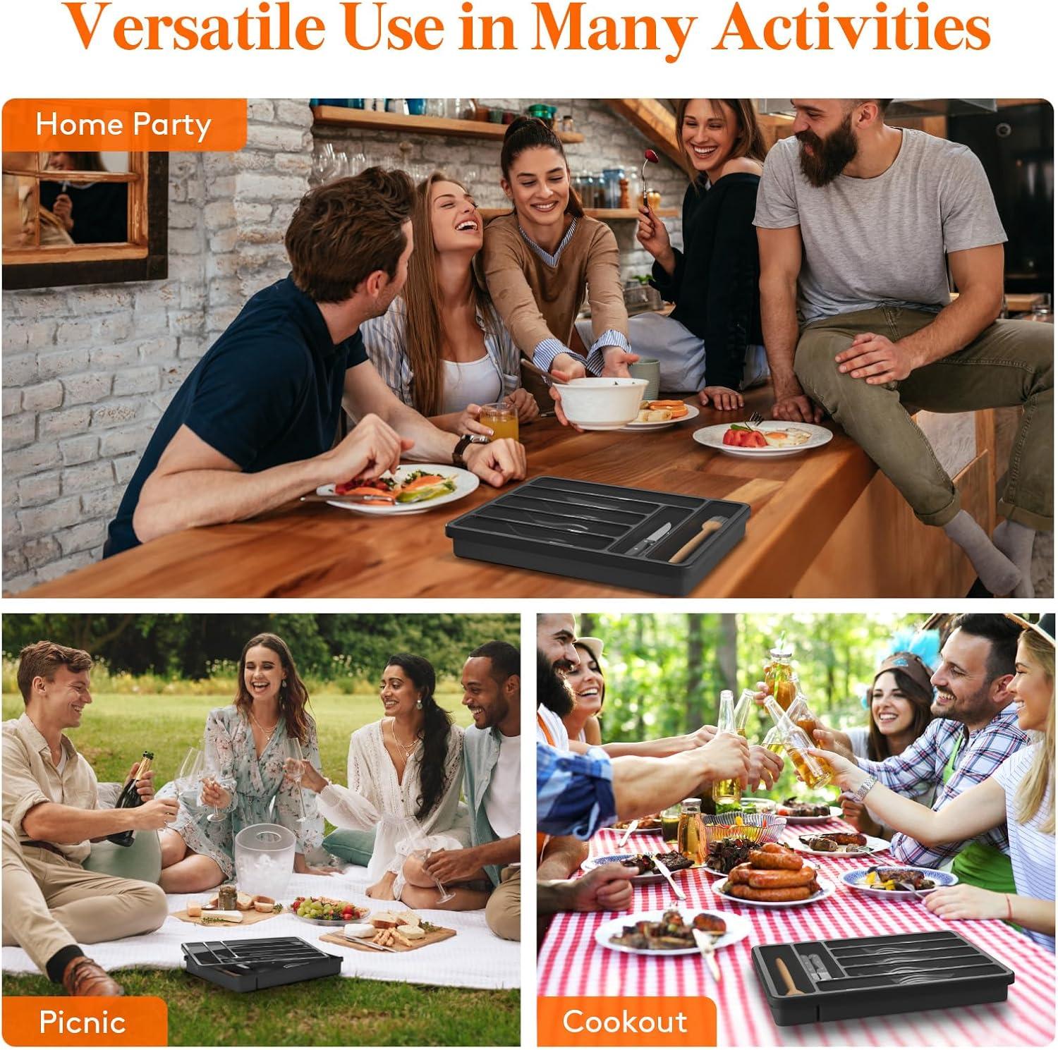 imageLifewit Silverware Organizer with Lid Covered Utensil Tray for Kitchen Drawer and Countertop Plastic Cutlery and Flatware Storage Box for Spoons Forks Knives Holder Case 6 Compartments BlackBlack