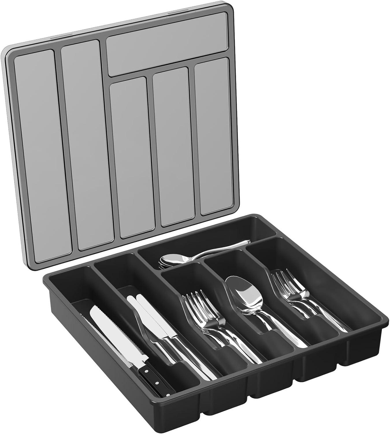 imageLifewit Silverware Organizer with Lid Covered Utensil Tray for Kitchen Drawer and Countertop Plastic Cutlery and Flatware Storage Box for Spoons Forks Knives Holder Case 6 Compartments BlackBlack