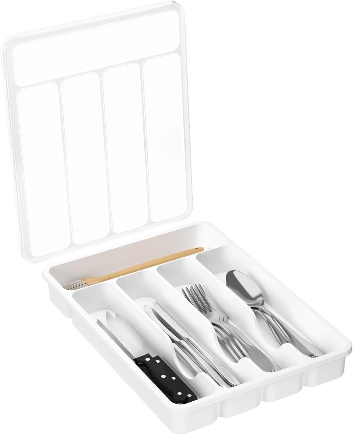 imageLifewit Silverware Organizer with Lid Covered Utensil Tray for Kitchen Drawer and Countertop Plastic Cutlery and Flatware Storage Box for Spoons Forks Knives Holder Case 6 Compartments BlackWhite