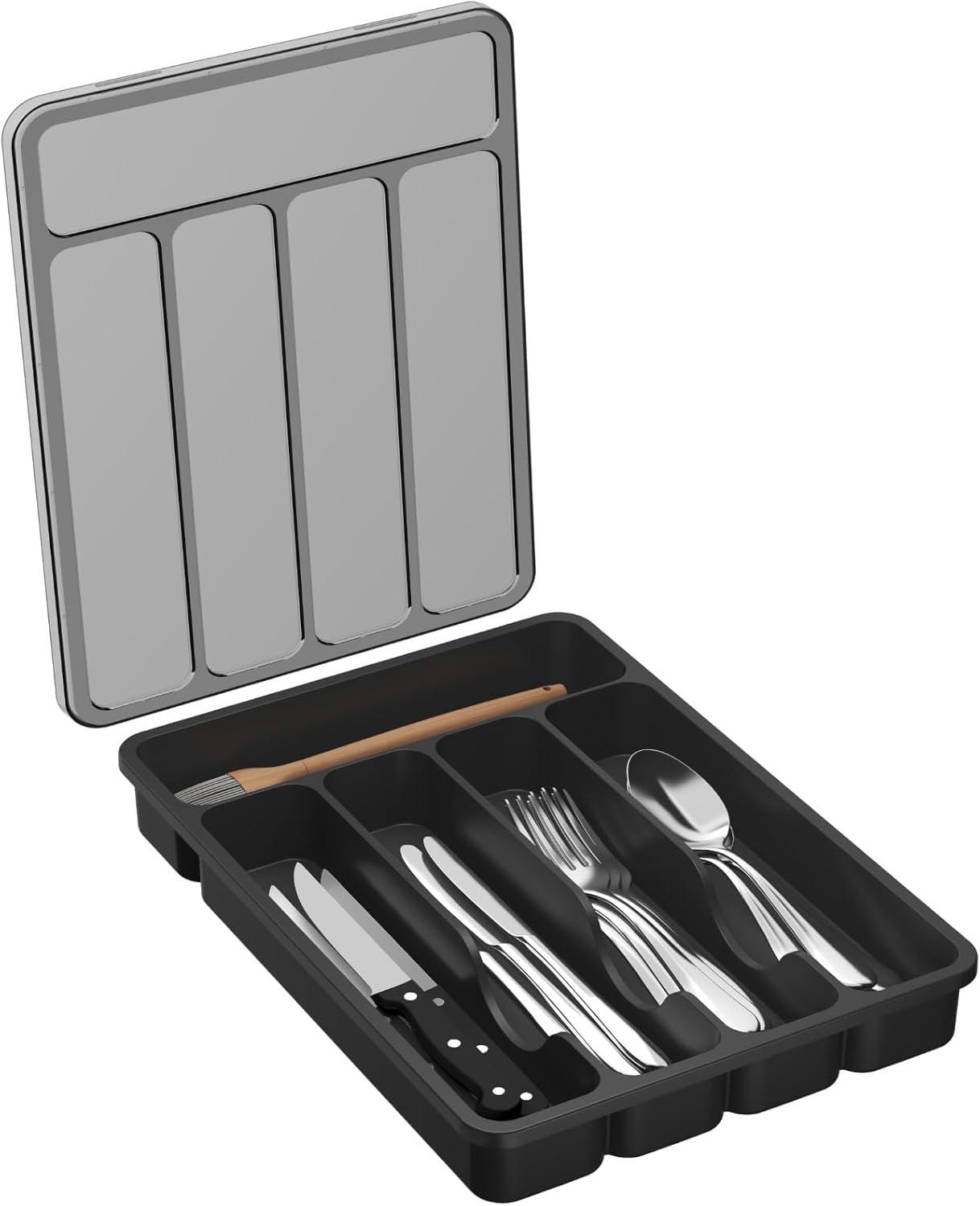 imageLifewit Silverware Organizer with Lid Covered Utensil Tray for Kitchen Drawer and Countertop Plastic Cutlery and Flatware Storage Box for Spoons Forks Knives Holder Case 6 Compartments BlackBlack