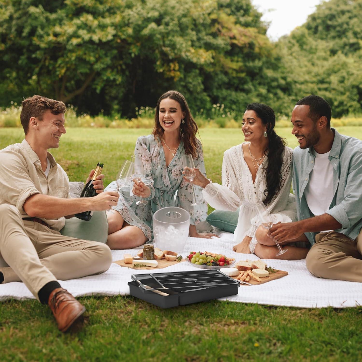 imageLifewit Silverware Organizer with Lid Covered Utensil Tray for Kitchen Drawer and Countertop Plastic Cutlery and Flatware Storage Box for Spoons Forks Knives Holder Case 6 Compartments BlackBlack