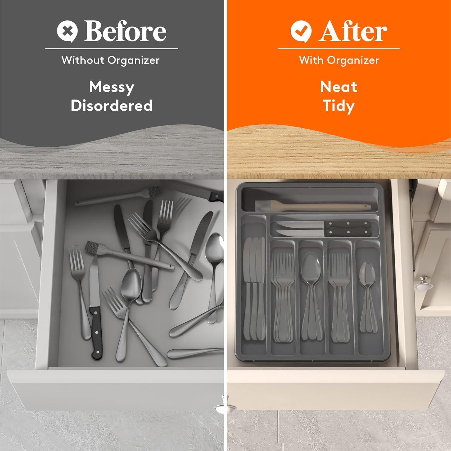 imageLifewit Silverware Organizer with Lid Covered Utensil Tray for Kitchen Drawer and Countertop Plastic Cutlery and Flatware Storage Box for Spoons Forks Knives Holder Case 6 Compartments BlackGray