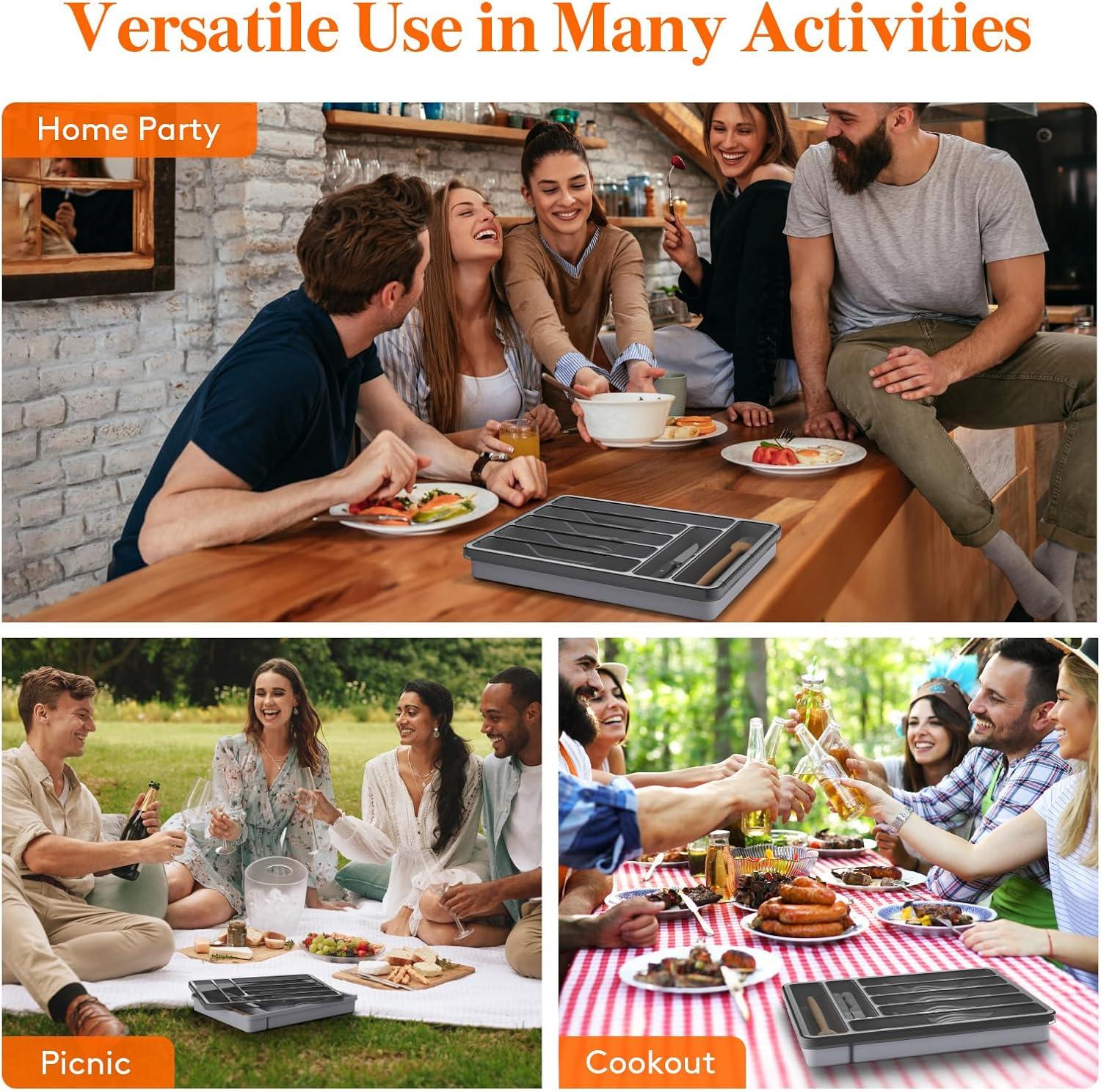 imageLifewit Silverware Organizer with Lid Covered Utensil Tray for Kitchen Drawer and Countertop Plastic Cutlery and Flatware Storage Box for Spoons Forks Knives Holder Case 6 Compartments BlackGray