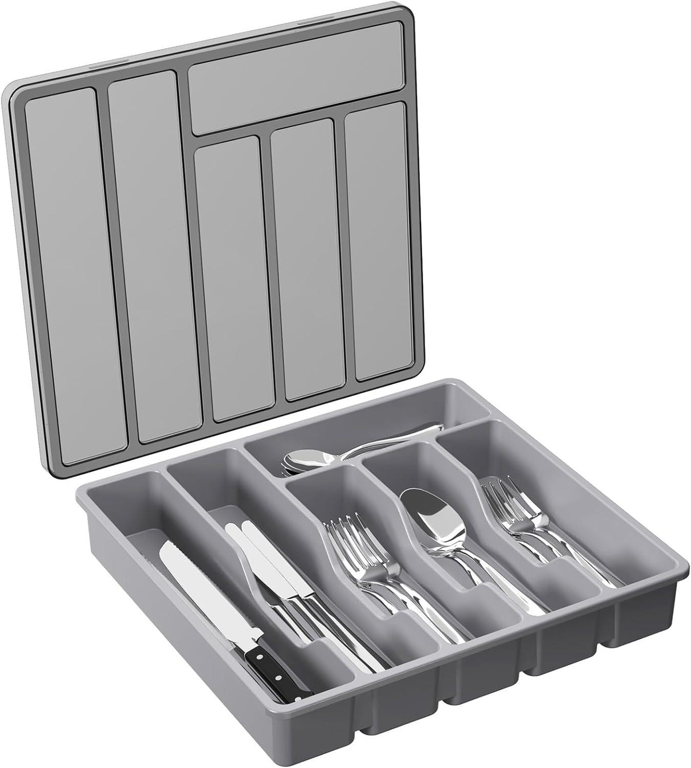 imageLifewit Silverware Organizer with Lid Covered Utensil Tray for Kitchen Drawer and Countertop Plastic Cutlery and Flatware Storage Box for Spoons Forks Knives Holder Case 6 Compartments BlackGray