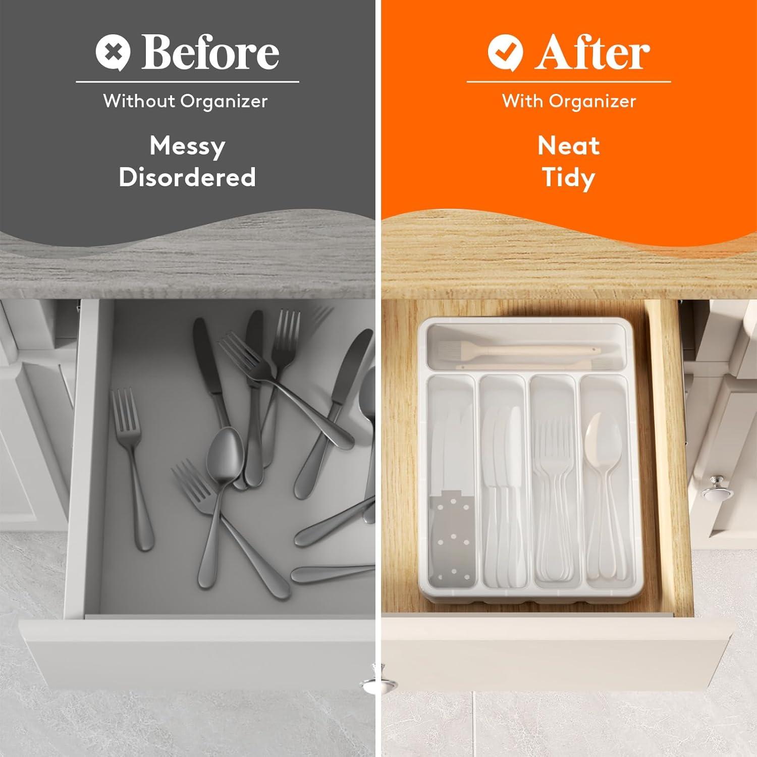 imageLifewit Silverware Organizer with Lid Covered Utensil Tray for Kitchen Drawer and Countertop Plastic Cutlery and Flatware Storage Box for Spoons Forks Knives Holder Case 6 Compartments BlackWhite