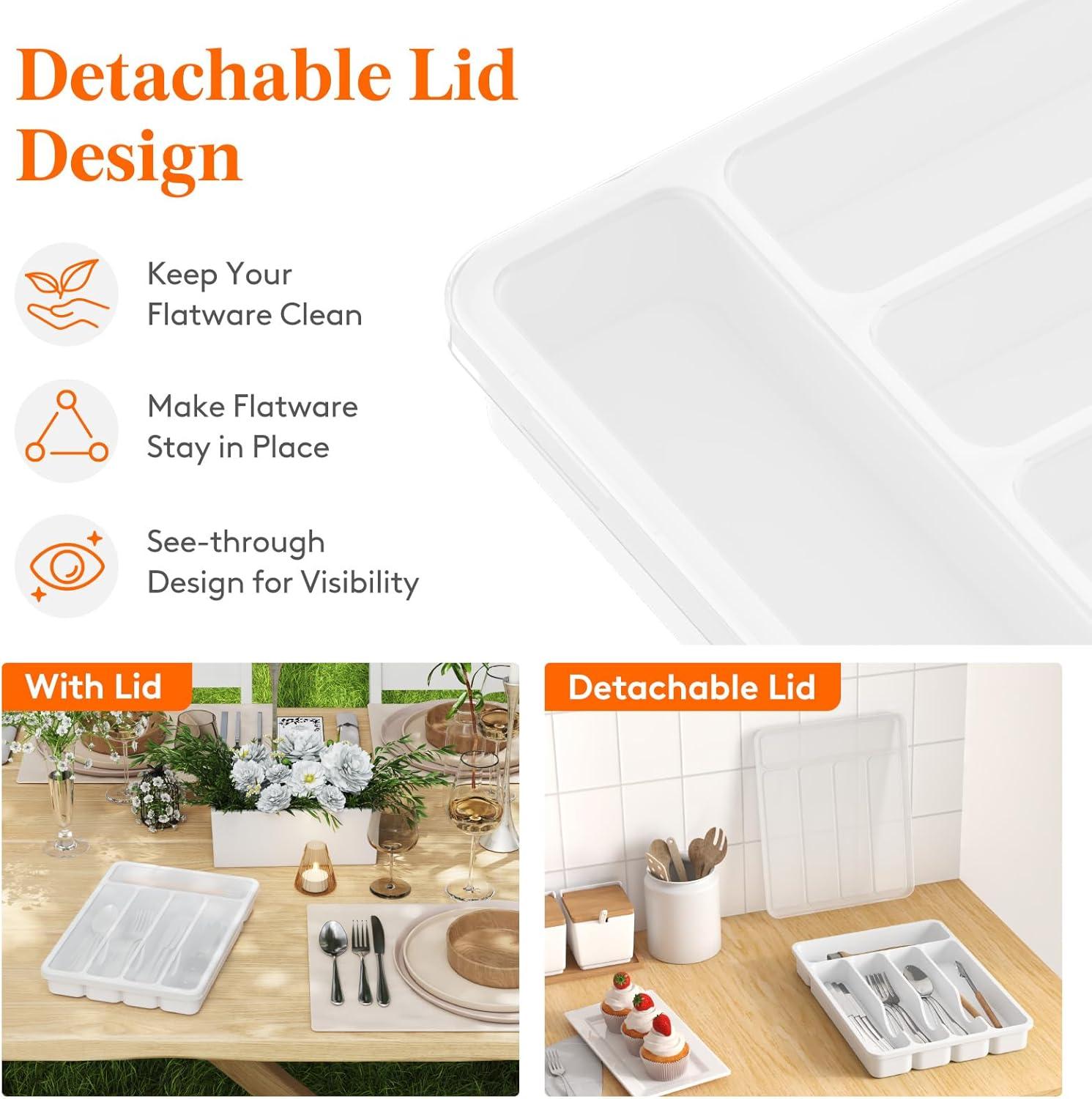 imageLifewit Silverware Organizer with Lid Covered Utensil Tray for Kitchen Drawer and Countertop Plastic Cutlery and Flatware Storage Box for Spoons Forks Knives Holder Case 6 Compartments BlackWhite