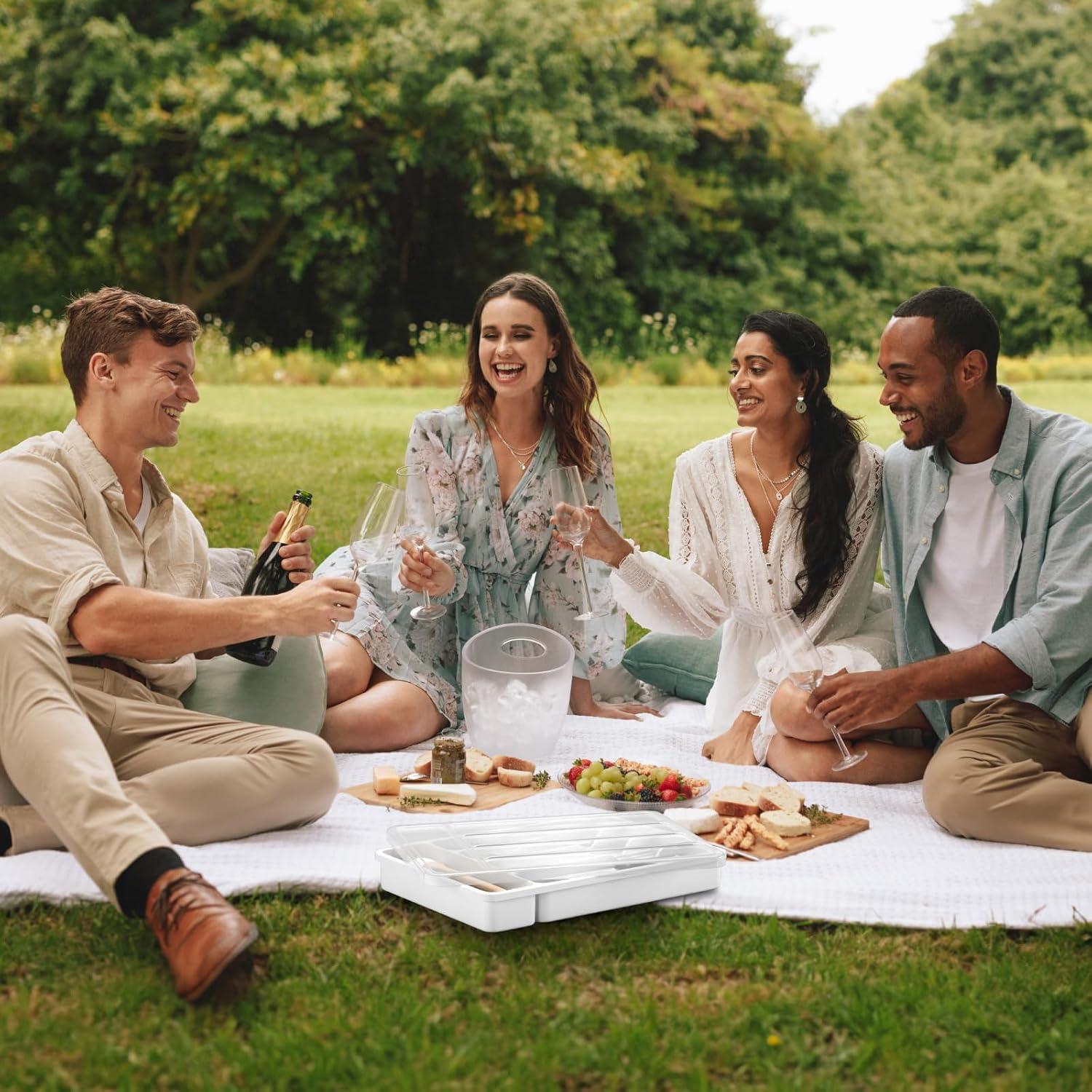 imageLifewit Silverware Organizer with Lid Covered Utensil Tray for Kitchen Drawer and Countertop Plastic Cutlery and Flatware Storage Box for Spoons Forks Knives Holder Case 6 Compartments BlackWhite