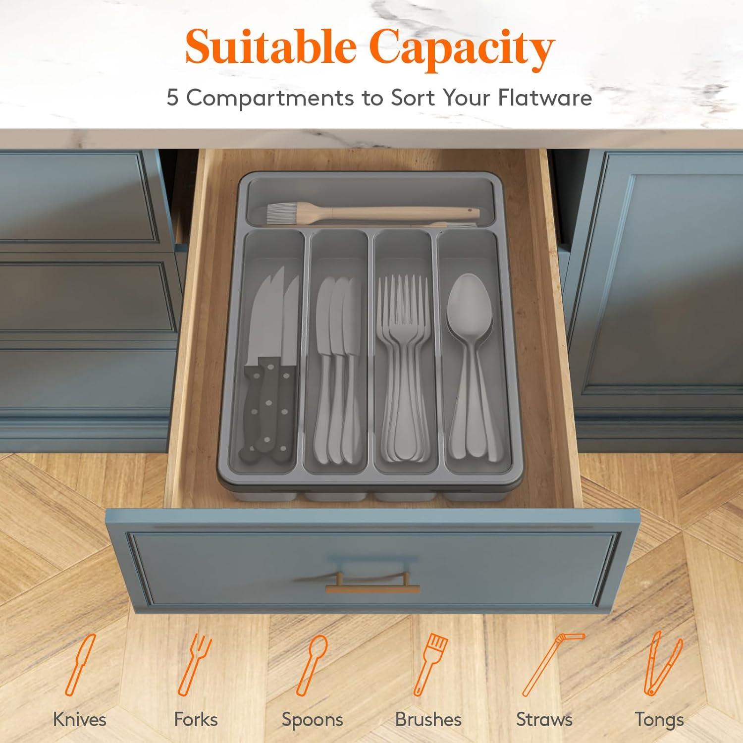 imageLifewit Silverware Organizer with Lid Covered Utensil Tray for Kitchen Drawer and Countertop Plastic Cutlery and Flatware Storage Box for Spoons Forks Knives Holder Case 6 Compartments BlackGray