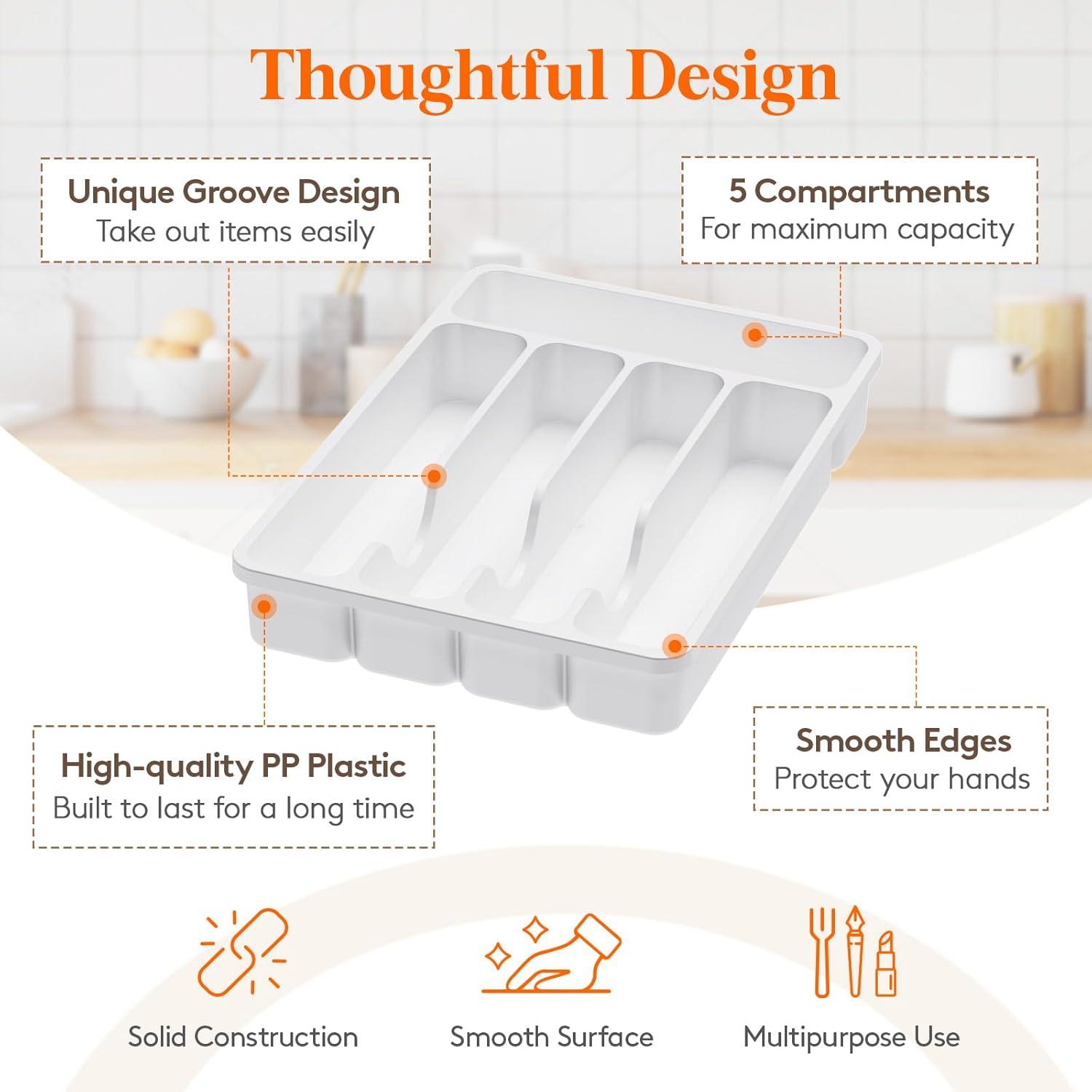 imageLifewit Silverware Organizer with Lid Covered Utensil Tray for Kitchen Drawer and Countertop Plastic Cutlery and Flatware Storage Box for Spoons Forks Knives Holder Case 6 Compartments BlackWhite
