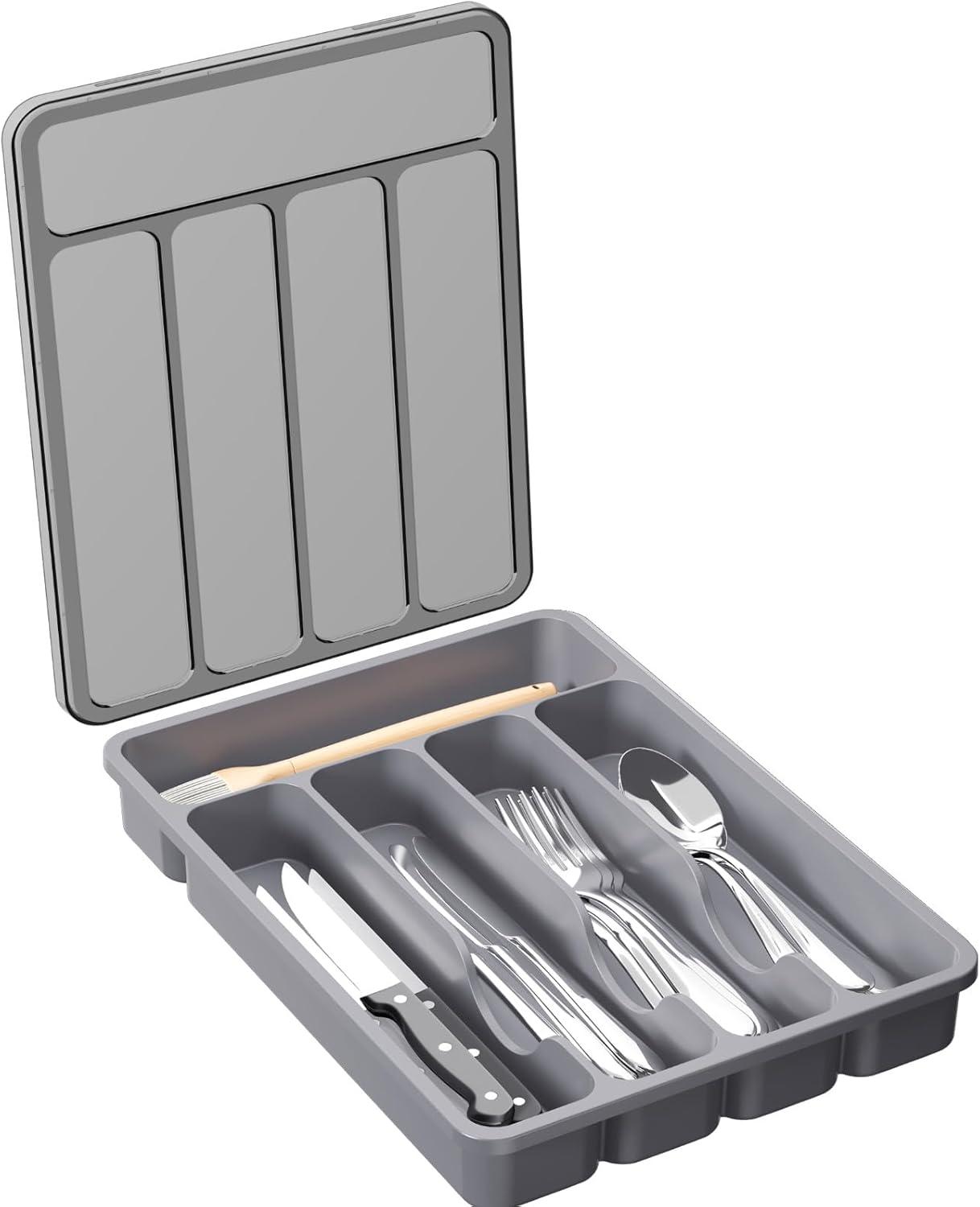 imageLifewit Silverware Organizer with Lid Covered Utensil Tray for Kitchen Drawer and Countertop Plastic Cutlery and Flatware Storage Box for Spoons Forks Knives Holder Case 6 Compartments BlackGray