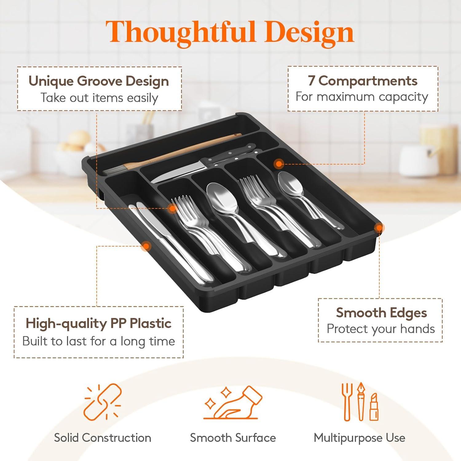 imageLifewit Silverware Organizer with Lid Covered Utensil Tray for Kitchen Drawer and Countertop Plastic Cutlery and Flatware Storage Box for Spoons Forks Knives Holder Case 6 Compartments BlackBlack