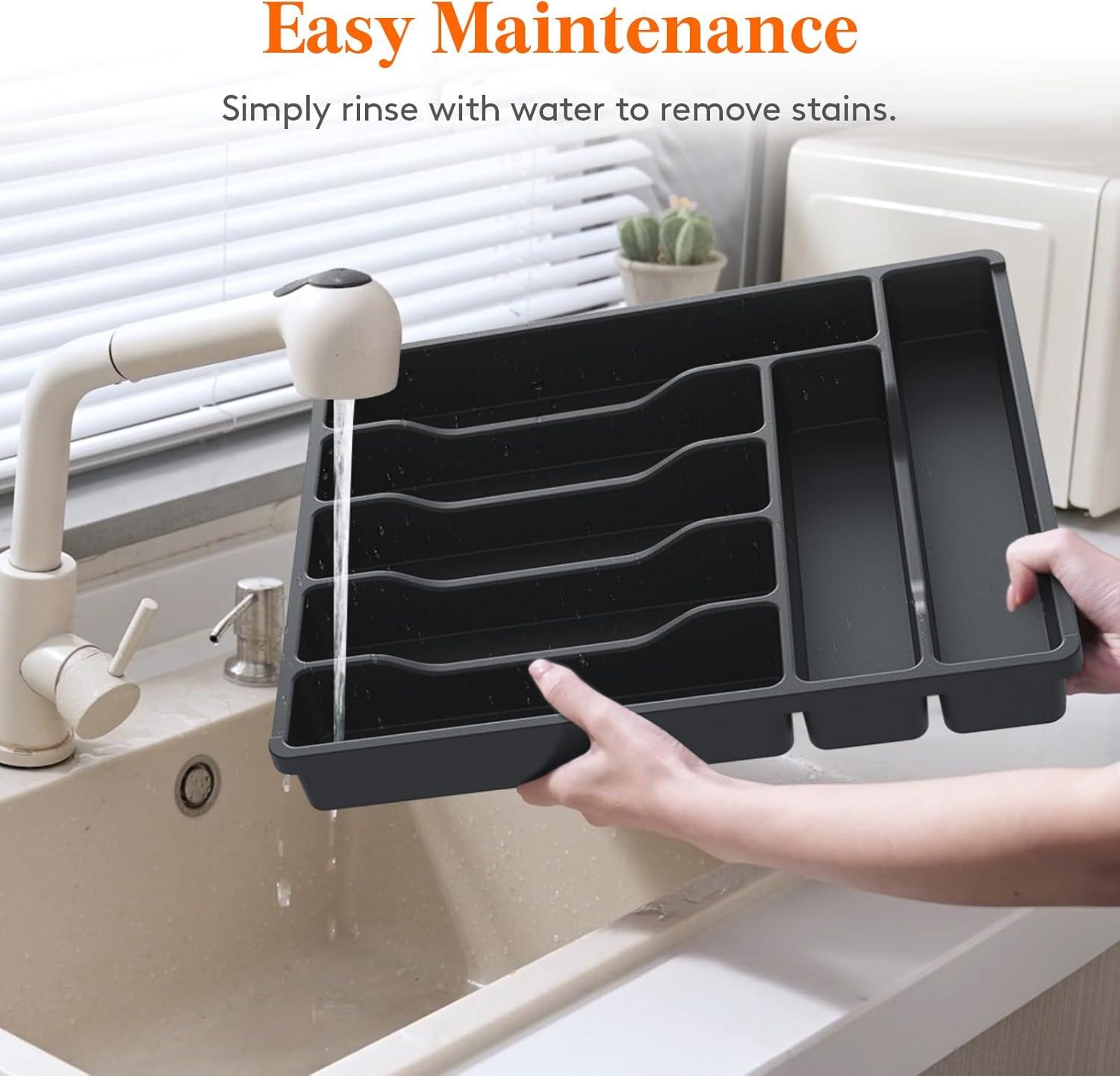 imageLifewit Silverware Organizer with Lid Covered Utensil Tray for Kitchen Drawer and Countertop Plastic Cutlery and Flatware Storage Box for Spoons Forks Knives Holder Case 6 Compartments BlackBlack