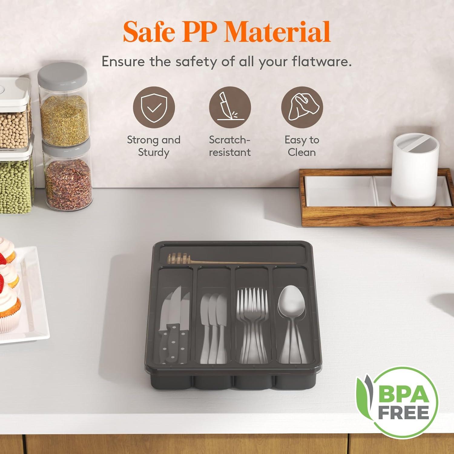 imageLifewit Silverware Organizer with Lid Covered Utensil Tray for Kitchen Drawer and Countertop Plastic Cutlery and Flatware Storage Box for Spoons Forks Knives Holder Case 6 Compartments BlackBlack