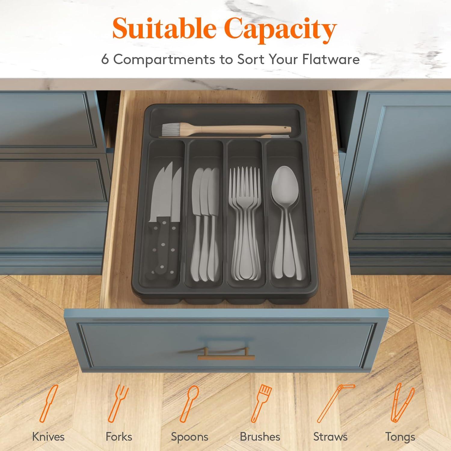 imageLifewit Silverware Organizer with Lid Covered Utensil Tray for Kitchen Drawer and Countertop Plastic Cutlery and Flatware Storage Box for Spoons Forks Knives Holder Case 6 Compartments BlackBlack