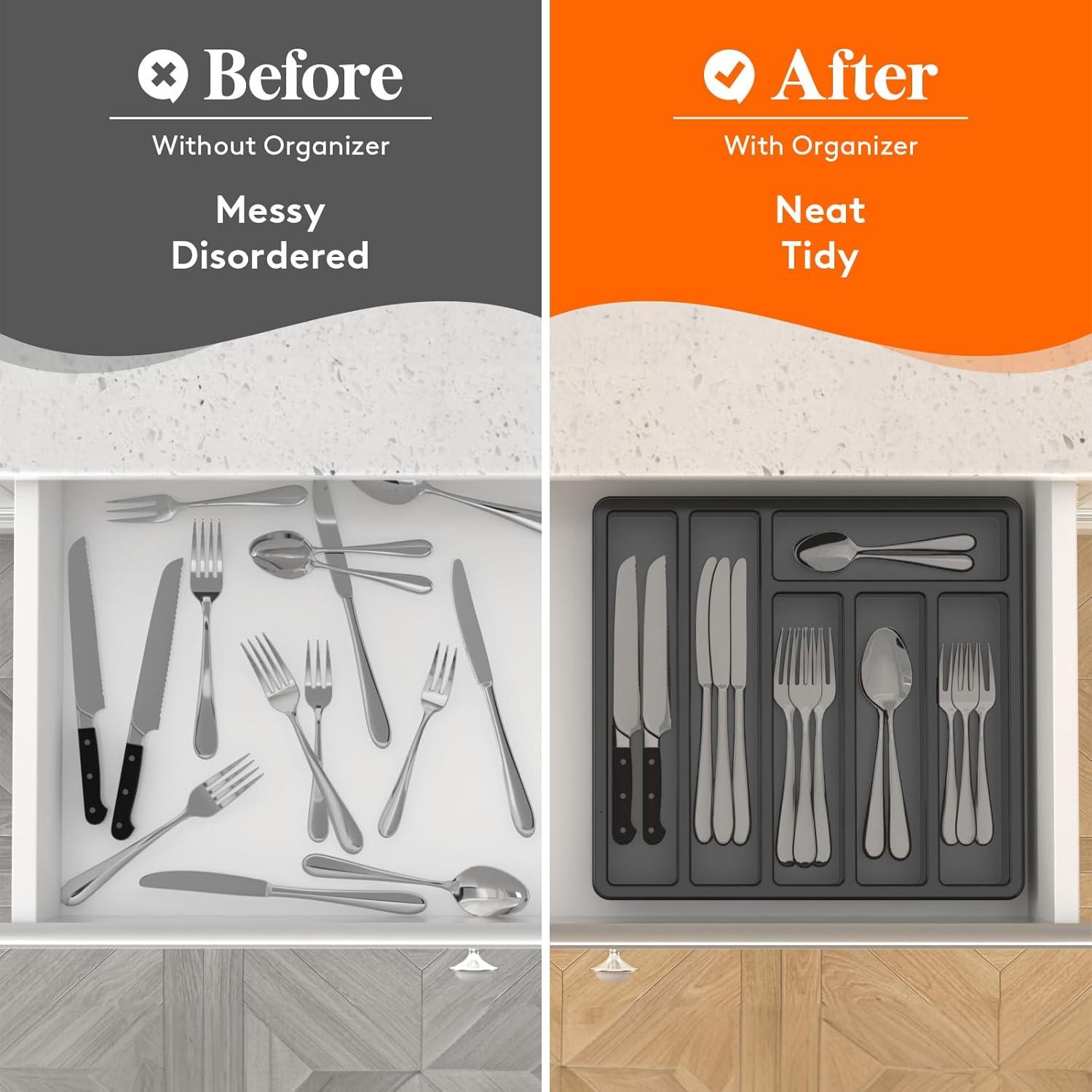 imageLifewit Silverware Organizer with Lid Covered Utensil Tray for Kitchen Drawer and Countertop Plastic Cutlery and Flatware Storage Box for Spoons Forks Knives Holder Case 6 Compartments BlackBlack