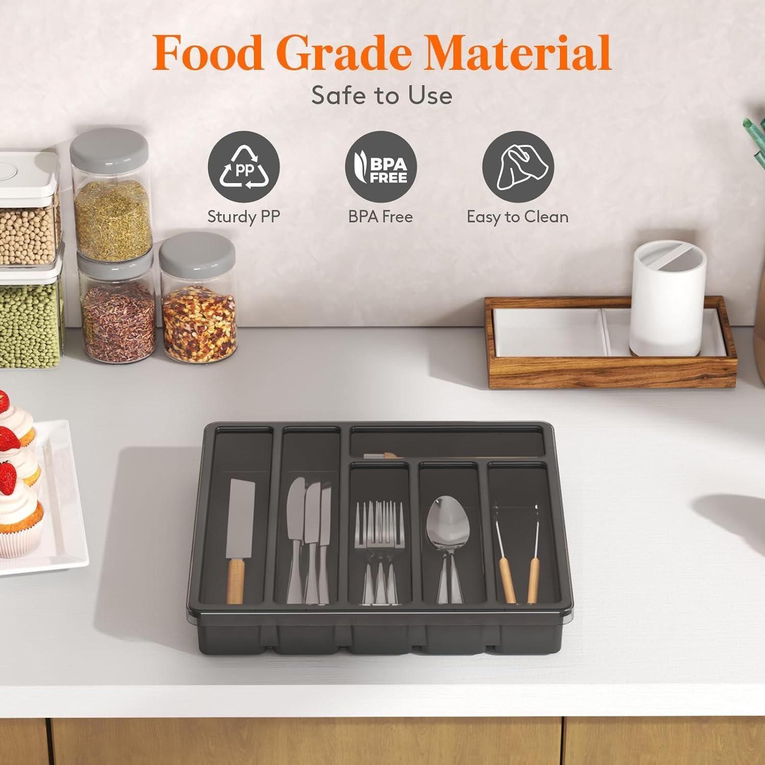 imageLifewit Silverware Organizer with Lid Covered Utensil Tray for Kitchen Drawer and Countertop Plastic Cutlery and Flatware Storage Box for Spoons Forks Knives Holder Case 6 Compartments BlackBlack