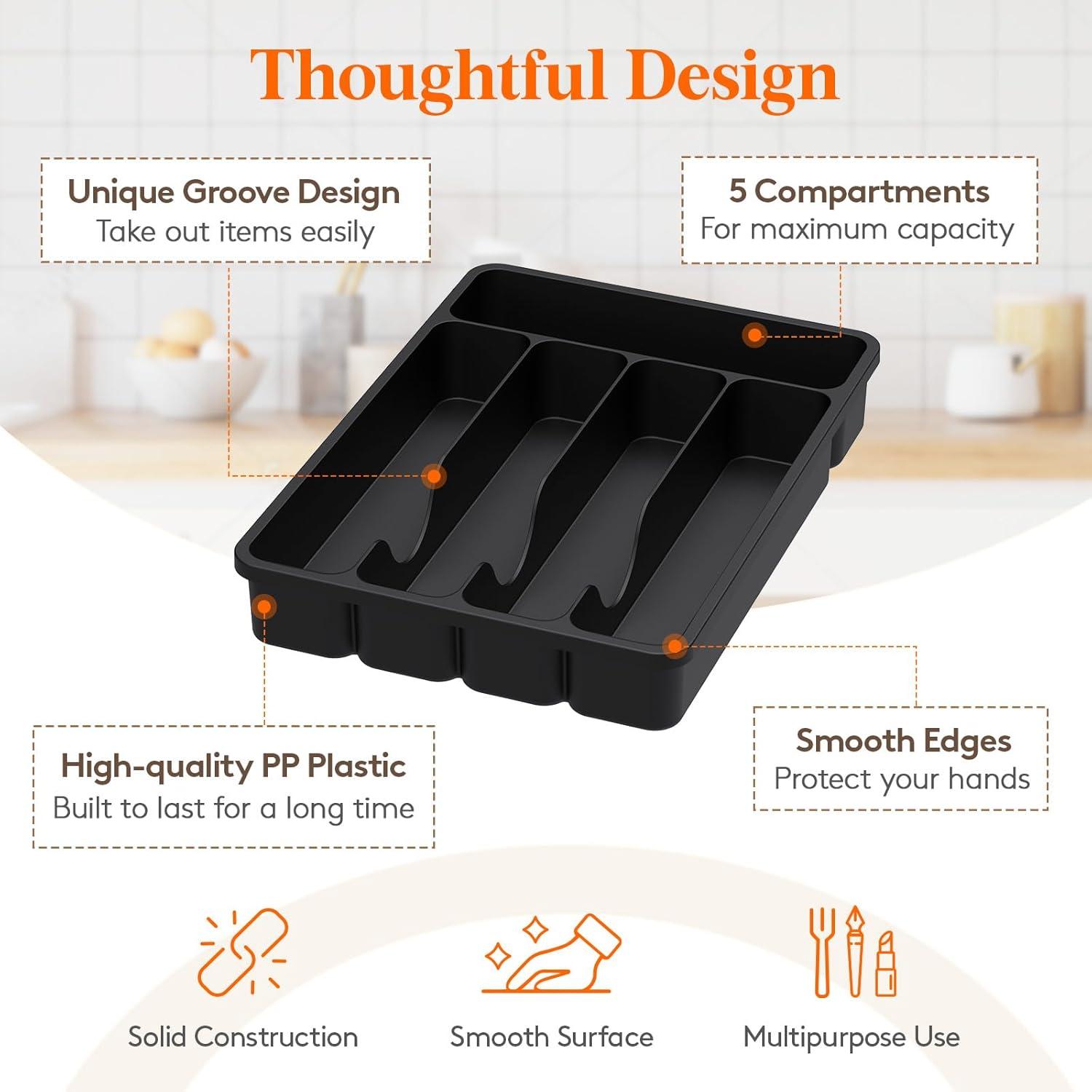 imageLifewit Silverware Organizer with Lid Covered Utensil Tray for Kitchen Drawer and Countertop Plastic Cutlery and Flatware Storage Box for Spoons Forks Knives Holder Case 6 Compartments BlackBlack
