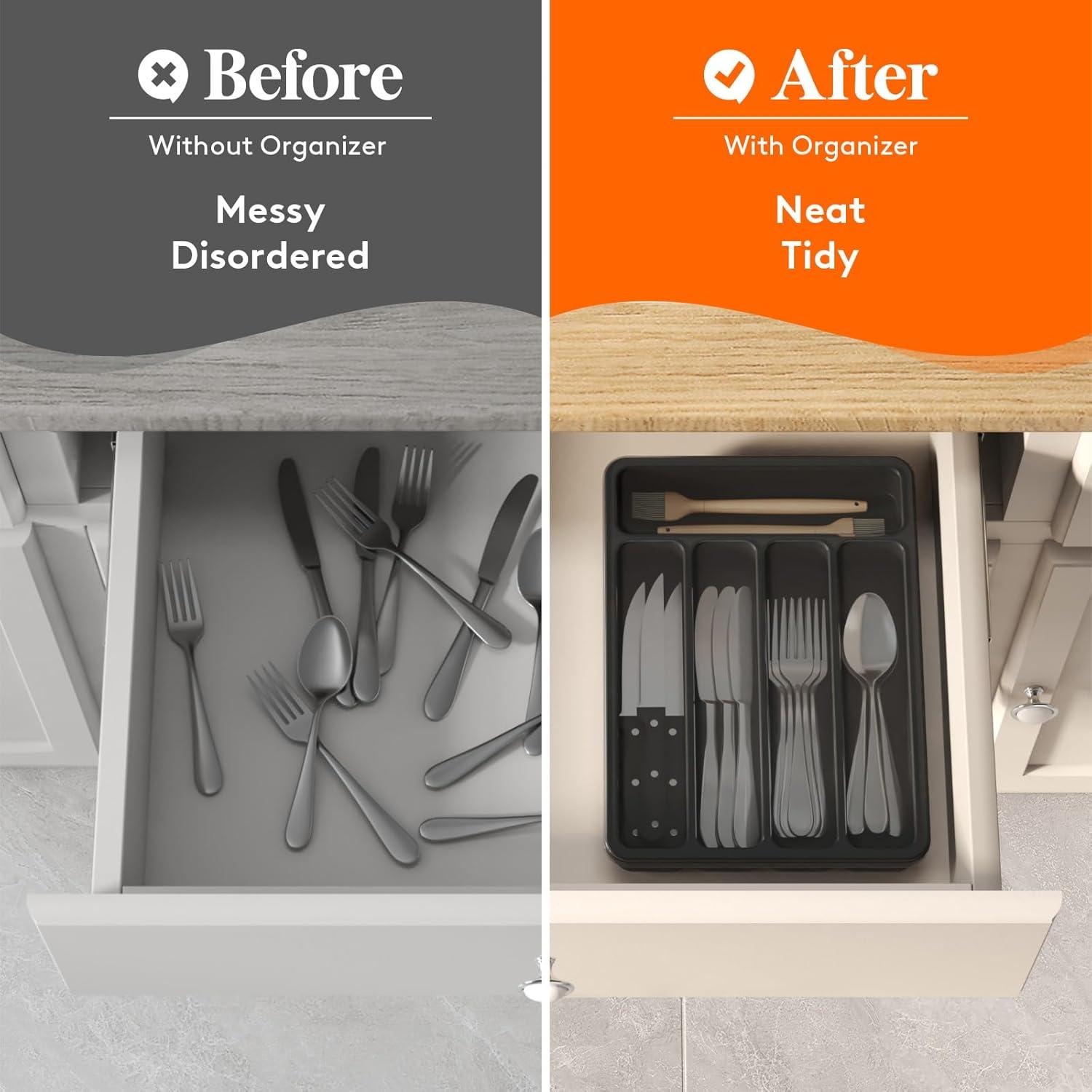 imageLifewit Silverware Organizer with Lid Covered Utensil Tray for Kitchen Drawer and Countertop Plastic Cutlery and Flatware Storage Box for Spoons Forks Knives Holder Case 6 Compartments BlackBlack