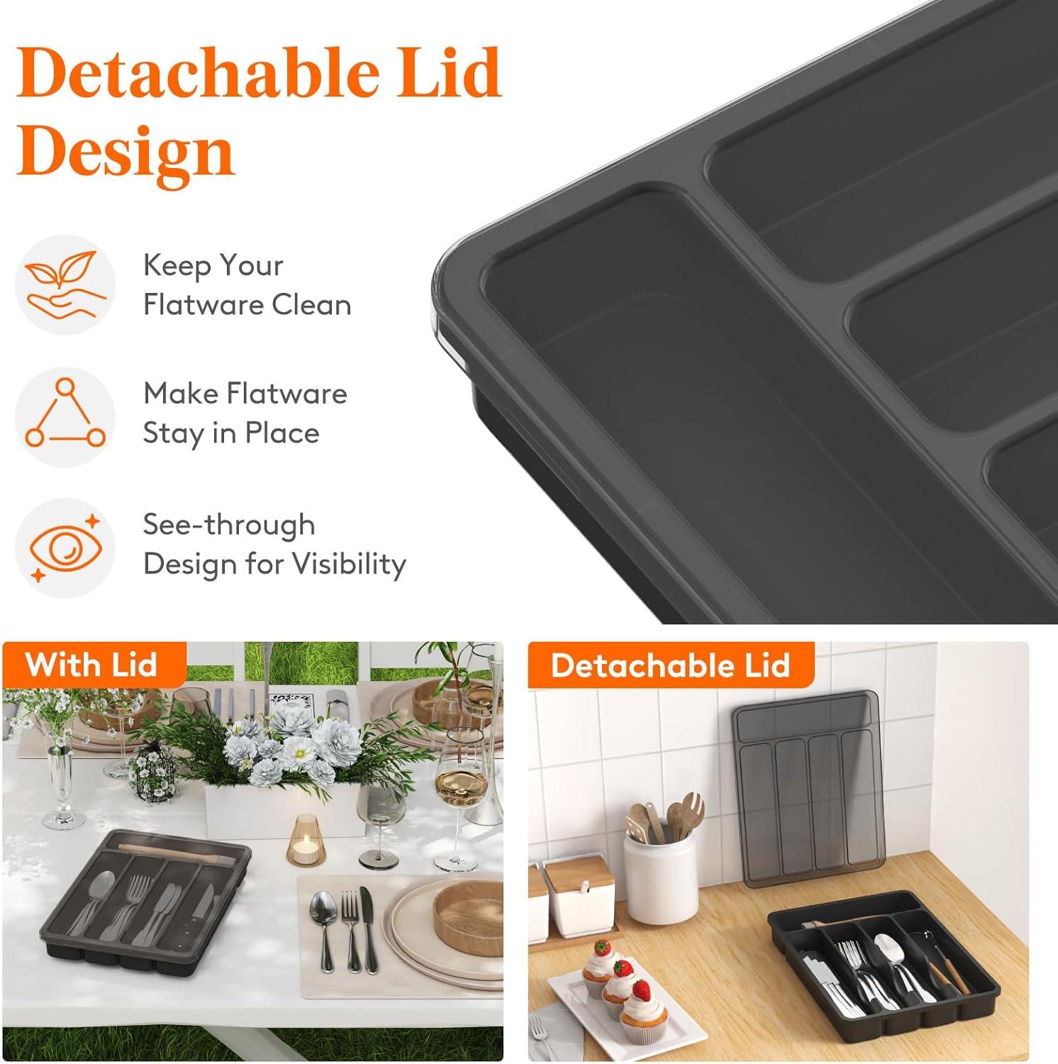 imageLifewit Silverware Organizer with Lid Covered Utensil Tray for Kitchen Drawer and Countertop Plastic Cutlery and Flatware Storage Box for Spoons Forks Knives Holder Case 6 Compartments BlackBlack