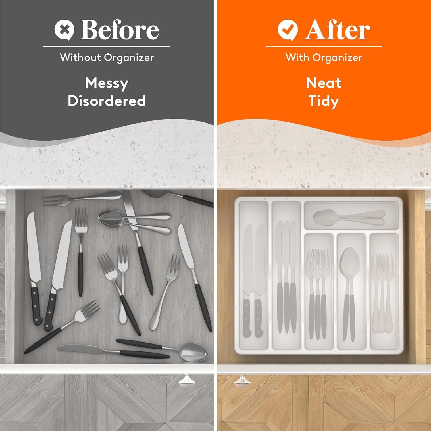 imageLifewit Silverware Organizer with Lid Covered Utensil Tray for Kitchen Drawer and Countertop Plastic Cutlery and Flatware Storage Box for Spoons Forks Knives Holder Case 6 Compartments BlackWhite