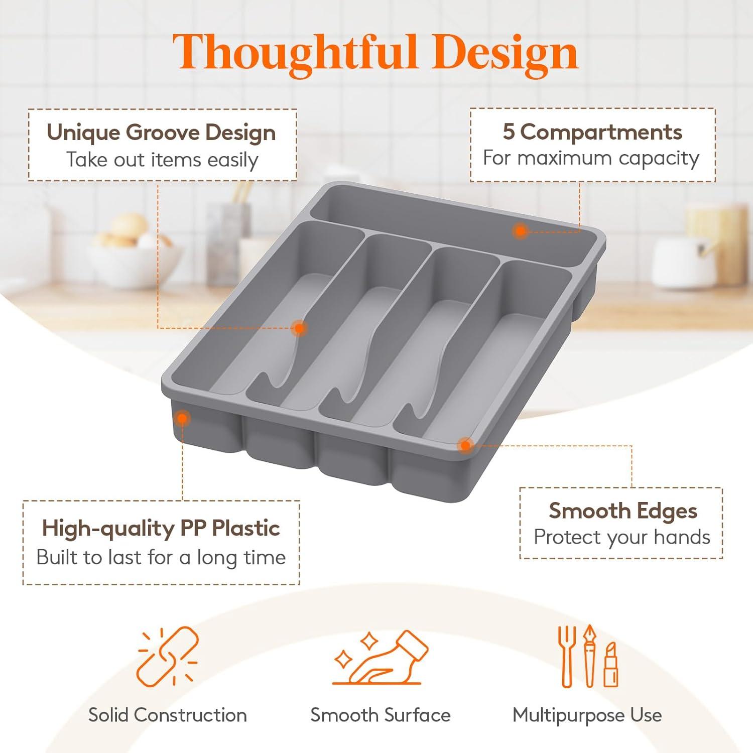 imageLifewit Silverware Organizer with Lid Covered Utensil Tray for Kitchen Drawer and Countertop Plastic Cutlery and Flatware Storage Box for Spoons Forks Knives Holder Case 6 Compartments BlackGray