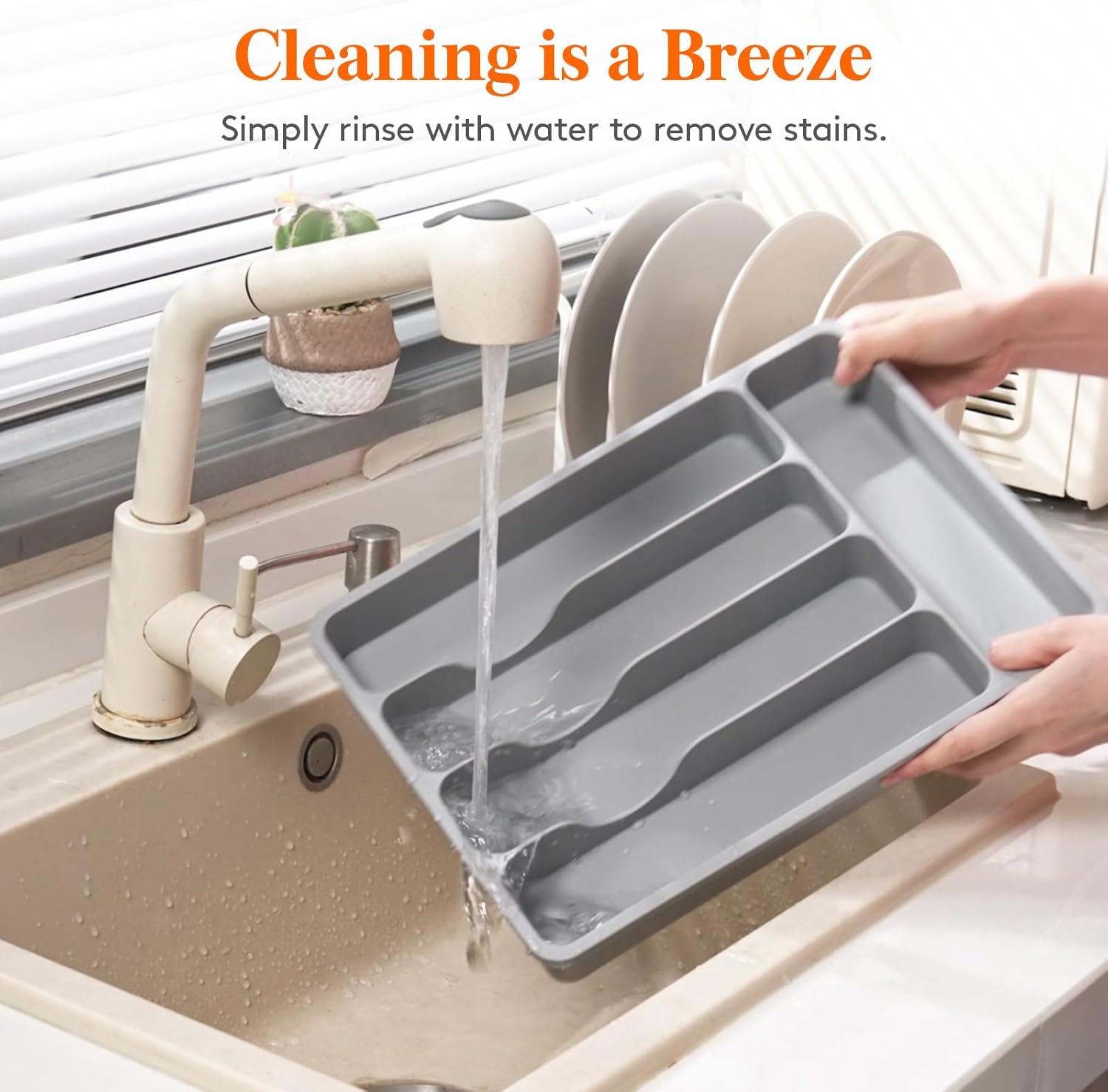 imageLifewit Silverware Organizer with Lid Covered Utensil Tray for Kitchen Drawer and Countertop Plastic Cutlery and Flatware Storage Box for Spoons Forks Knives Holder Case 6 Compartments BlackGray