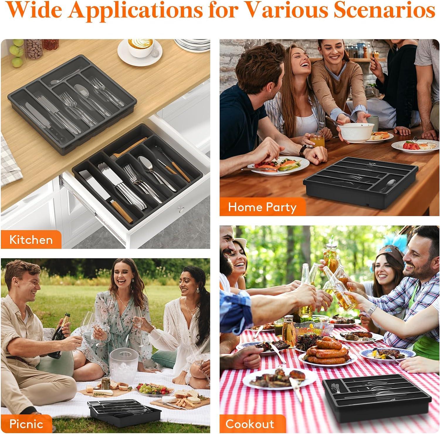 imageLifewit Silverware Organizer with Lid Covered Utensil Tray for Kitchen Drawer and Countertop Plastic Cutlery and Flatware Storage Box for Spoons Forks Knives Holder Case 6 Compartments BlackBlack