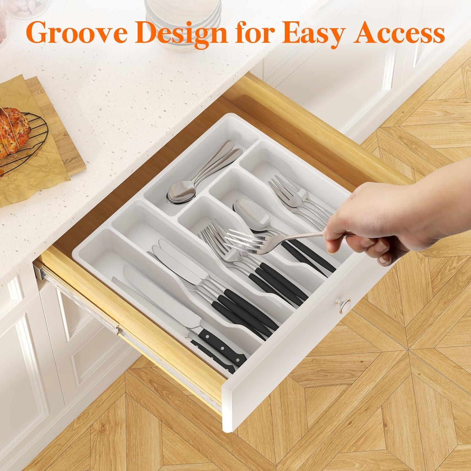 imageLifewit Silverware Organizer with Lid Covered Utensil Tray for Kitchen Drawer and Countertop Plastic Cutlery and Flatware Storage Box for Spoons Forks Knives Holder Case 6 Compartments BlackWhite