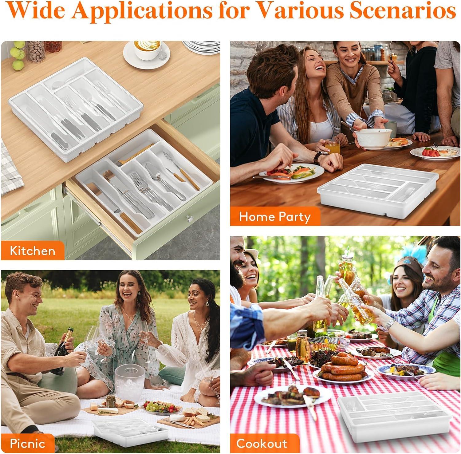 imageLifewit Silverware Organizer with Lid Covered Utensil Tray for Kitchen Drawer and Countertop Plastic Cutlery and Flatware Storage Box for Spoons Forks Knives Holder Case 6 Compartments BlackWhite